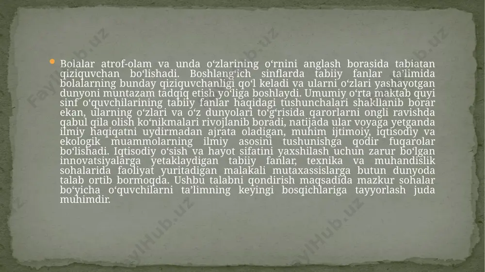 ish darajasini ifodalashga mo‘ljallangan, ammo muayyan kognitiv sohani o‘zlashtirish darajasini cheklashga qaratilmagan. har bir maqsad uchta kognitiv soha (bilish, qo‘llash, mulohaza yuritish)dan biriga asoslangan holda baholanishi mumkin. hayot haqidagi fan to‘rtinchi sinfda hayot haqidagi fanlarni o‘rganish o‘quvchilarga o‘zlarining tug‘ma qiziquvchanligini ifodalash va ularni o‘rab turgan jonli tabiatni tushunishga imkon beradi. hayot haqidagi fan beshta mavzu sohalari orqali ifodalanadi: organizmlarning o‘ziga xos xususiyatlari va ularda kechadigan hayotiy jarayonlar hayotiy sikllar, ko‘payish va irsiyat organizmlar, atrof-muhit va ularning o‘zaro munosabatlari; ekosistemalar; odam salomatligi. to‘rtinchi sinfga kelib, o‘quvchilarda organizmlarga xos bo‘lgan umumiy xususiyatlar, ularning funksiyalari va organizmlarning boshqa organizmlar hamda o‘zlari yashayotgan muhit bilan o‘zaro munosabatlari haqida bilimlar bazasi shakllangan bo‘lishi kerak. shuningdek, o‘quvchilar hayotiy sikllar, irsiyat va odam salomatligi bilan bog‘liq tabiiy fanlarga oid fundamental tushunchalarni bilishlari kerak, bu esa odam tanasi qanday ishlashini yuqori sinflarda yanada chuqurroq tushunishga olib keladi. organizmlarning o‘ziga xos xususiyatlari va ularda kechadigan hayotiy jarayonlar 1. jonli …