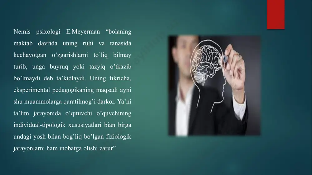 m salbiy tomonlarga ega. biroq, har ikkala turdagi treningning aniq tarafdorlari mavjud. ko'pincha ular o'zlarining afzal ko'rgan mashg'ulotlarining afzalliklarini mutlaqlashtiradilar va uning kamchiliklarini to'liq hisobga olmaydilar. amaliyot shuni ko'rsatadiki, eng yaxshi natijalarga faqat turli xil mashg'ulotlarning optimal kombinatsiyasi bilan erishish mumkin. chet tillarini intensiv o'qitish texnologiyalari bilan o'xshashlik qilish mumkin. ularning tarafdorlari ko'pincha imtiyozlarni mutlaqlashtiradilar taklif qiluvchi (taklif bilan bog'liq) ongsiz darajada xorijiy so'zlarni yodlash usullari va, qoida tariqasida, chet tillarini o'qitishning an'anaviy usullarini rad etadi. ammo grammatika qoidalari taklif bilan o'zlashtirilmaydi. ular uzoq vaqtdan beri shakllangan va hozirda an'anaviy o'qitish usullari bilan o'zlashtirilgan. individuallashtirish printsipi, talabalarni individual ish shakllarida va individual dasturlarda, ayniqsa kompyuter versiyasida izolyatsiya qilish deb tushuniladi, siz bilganingizdek, robinsonad orqali emas, balki "boshqa shaxs" orqali bo'ladigan ijodiy individuallikni tarbiyalash imkoniyatini istisno qiladi. image6.png image7.png image8.png image10.png image11.png image12.png image13.png image14.png image15.png image16.png image17.png image18.png image19.png image20.png image21.png image22.png image23.png image24.png image25.png image26.png image2.png image3.png image4.png image5.png