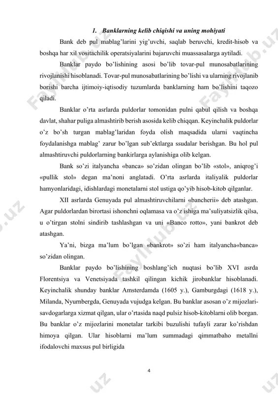 birinchi yuzaga kelgan bank angliya banki hisoblanib, u 1694 yilda aktsioner bank sifatida tashkil bo’lgan. bu bank aktsioner-emission bank bo’lib, unga davlat tomonidan banknotlar chiqarishga ruxsat berilgan. keyinchalik sanoat rivojlanish natijasida banklar boshqa mamlakatlarda ham tashkil qilinib borgan. banklarning kelib chiqishi va rivojlanish ishlab chiqarish bilan bog’liq harajatlar va talablarning oshishi, savdo kapitali aylanishining tezlashuvi bilan bog’liq bo’lgan. natural xo’jalik munosabatlarining tugashi, savdo-sotiq munosabatlarining rivojlanishi pullik hisob-kitoblar olib borishga, kreditning rivojlanishiga yo’l ochdi. ishlab chiqarishni rivojlantirish yollanma mehnatni jalb qilishga olib kelgan. yollanma mehnat uchun xaqning pul shaklida to’lanishi, doimiy pul aylanishini yuzaga keltirdi. pul aylanishini esa bank tomonidan boshqarish zarur edi. shunday qilib, banklar mablag’larni yig’ish va taqsimlash orqali ssuda kapitali harakatini boshqara boshladi. ssuda kapitalistidan farqli o’laroq bankir tadbirkor sifatida o’z ish faoliyatini olib borgan. agar sanoat sohasidagi puldor o’z kapitalini sanoatga, savdogar o’z mablag’ini savdoga qo’ysa, bankir o’z kapitalini bank ishiga qo’yadi. ssuda kapitalisti asosan o’z bo’sh …