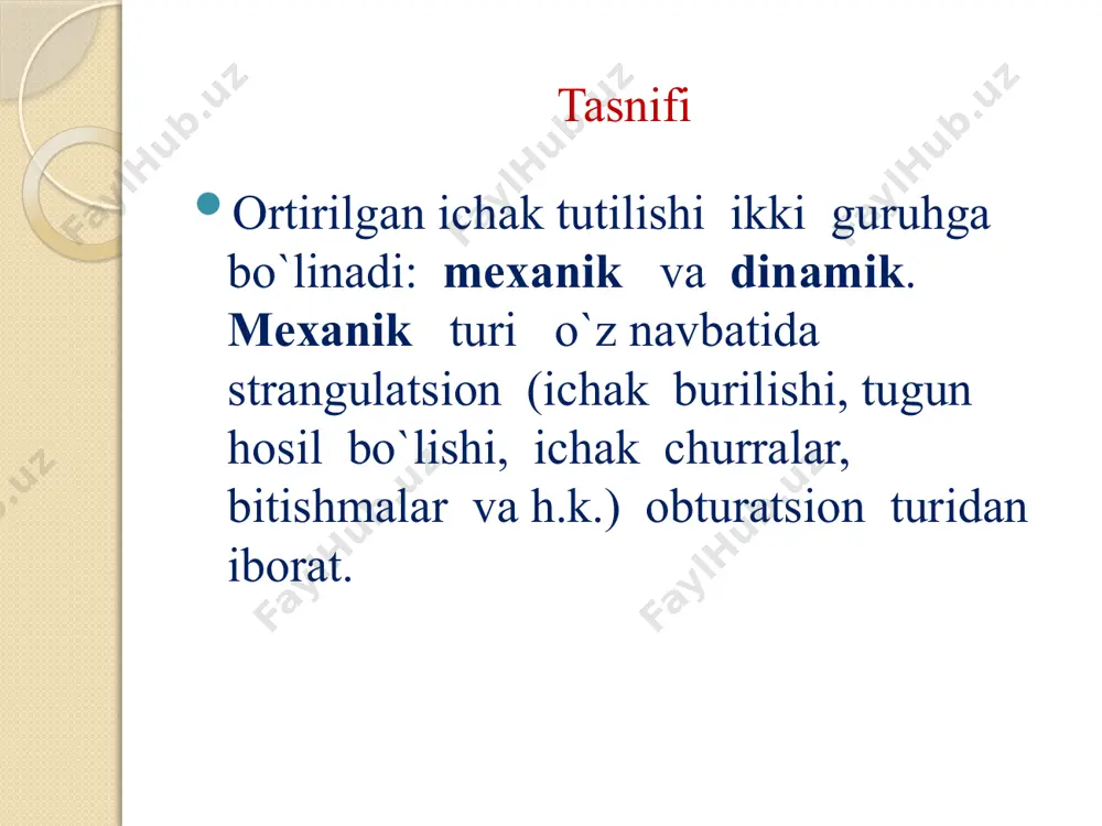si. o`ng tomonlama pararektal yoki o`rta laparotomiya qilinib invaginat jarohatga chiqariladi. issiq fizrastvorga botirilgan salfetka bilan o`raladi. tutqichiga 0.25 % novokain eritmasi bilan blokada o`tkaziladi. sekinlik bilan invaginatsiya to`g`rilanadi, siqib chiqarish yo`li bilan. keyin ichak xayotiyligi baholanadi (ichak rangiga qarab, peristaltikaning tutqich arteriya pulsatsiyasining bo`lishiga qarab). ichak hayot bo`lsa shu bilan operatsiya tamom qilinadi. agar ichak hayotiy bo`lmasa, mekkel divertikuli, polip va o`smalar bo`lsa, ular rezeksiya qilinib, anastamozlar qo`yiladi. dezinvaginatsiya operatsiyadan keyingi o`lim miqdori: barvaqtroq murojat qilinsa 0 % agar kech murojaat qilinsa 4 %, 8 % tashkil etadi. obturatsion ichak tutilishi obturatsion ichak tutilishi ko`pincha kaprostazda, kam hollarda o`smalar va askaridozda kuzatiladi. kaprostazning sabablari: yo`g`on ichakning nuqsonli rivojlanishlari: girshprung kasalligi, megodolihokolon, chuzma va chandiqli yo`g`on ichak torayishi, qorinning oldingi devori mushaklarining nuqsonli rivojlanishi ichak ataxiyasi bilan kechadi. bu holda bolalarda qorinda og`riq paydo bo`ladi, qusish, dastlab oshqozon mahsuloti bilan, so`ngra o`t aralash bo`ladi. qorin damlanadi, intoksikatsiya belgilari rivojlanadi. qorin …