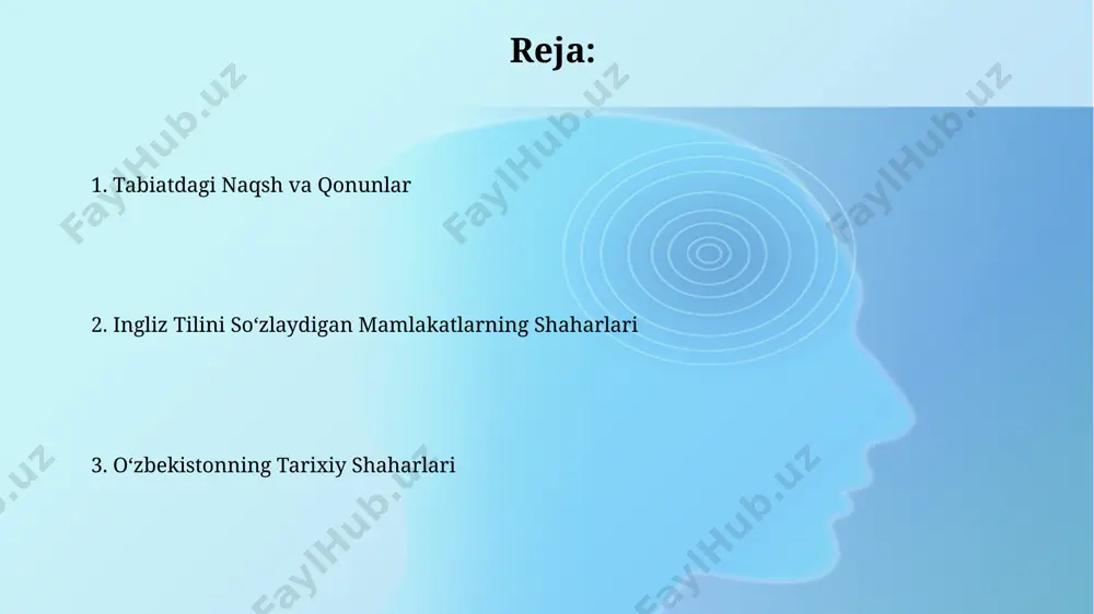 orqali savdo va transport aloqalarini rivojlanishiga katta ta'sir ko'rsatgan. tabiatdagi naqshlar: fraktallar fraktal geometriya, taxminan 1,5-2 o'lchovli fraktal o'lchamlarga ega bo'lgan bulutlarning shakllanishi kabi tabiiy hodisalarni, xorazm viloyatining cho'l landshaftlarida ham kuzatish mumkin. fraktal naqshlar, masalan, 1,618 oltin nisbati bilan ifodalanadigan fibonachchi ketma-ketligi, samarqanddagi registon maydonining me'moriy tarkibida ham kuzatiladi. oʻzbekiston tarixiy shaharlari: buxoro buxoro meʼmorchiligi, masalan, poi kalyan majmuasi singari, islom madaniyatining oʻziga xos xususiyatlarini aks ettirib, markaziy osiyo hududlaridagi 100 dan ortiq masjidlarga taʼsir koʻrsatgan. buxoro shahriga 2000 yildan ortiq tarixga ega boʻlgan tarixiy shahar sifatida, chor minor kabi noyob binolari va koʻplab karvonsaroylari bilan buyuk ipak yoʻlining muhim bekatlaridan biri hisoblangan. tabiatdagi naqshlar: fibonacci ketma-ketligi toshkent yaqinidagi chotqol tog'laridagi o'simliklarning barg joylashuvini o'rganish orqali fibonacci ketma-ketligining 1/phi (taxminan 0.618) nisbatini topish mumkin. uzbekistanning buxoro shahridagi tarixiy binolarning bezaklarida fibonacci spiralining geometrik shakllarini aniqlash mumkin, bu esa tabiatdagi o'simliklarning o'sish naqshida ham uchraydi. shaharlarning meʼmoriy uslublari xiva shahridagi …
