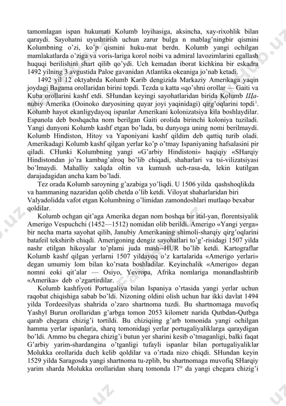 a- g’oyat katta ta’-sir qoldirdi. bu kashfiyot munosabati bilan portugaliya koro​li monoelga (1495—1521) «baxtiyor»- laqabi berildi va «hyndiston hokimi» degan unvon oldi. keyinchalik portugaliyaning eng atoqli shoirlaridan luis kamoens vasko da gamaning sayohatiga atab «luziana» degan katta bir doston yozadi (1572). klassik dostonlar «iliada», «odisseya» va «eneida»ga taqlid qilib, kamoens o’z dostonini bunday deb boshlaydi: «men portugaliya qirg’oqlaridan chiqib, noma’lum dengizlar orqali yerning narigi tomoniga ketgan mashhur qahramonlar haqida mislsiz botirlik ko’rsatgan, dong’i ko’klarga yetuvchi yangi imperiyaga negiz solgan yengilmas jang-chilar haqida kuylamoqchiman». hindistonning g’arbiy va qisman sharqiy qirg’oq bo’ylarini, shuningdek, malakkany portugaliyalik boshqa admirallar almeyda (portugaliya krrolining hindistondagi birinchi noybi, 1505—1508) va albukyork (1509—1515) batamom bosib oladilar. goa shahri (qalikutaning shimolida) portugaliya koroli noiblarining poytaxti bo’lib qoladi. qizil dengizning hind okeaniga tutashadigan joyida qurilgan adan shahri va fors qo’ltig’idagi ormuza shahrining bosib olinishi portugaliyaning hindistondagi hukmronligi uchun g’oyat katta ahamiyatga ega bo’l-di, bu shaharlar savdo va strategiya jihatidan muhim …
