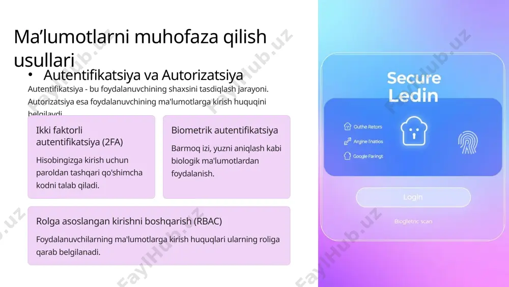 himoya qilish (dlp) dlp - tashkilotning maxfiy ma'lumotlarini ruxsatsiz tarqalishidan himoya qilish uchun ishlatiladi. u ma'lumotlarni monitoring qiladi, tahlil qiladi va ularni ruxsatsiz uzatish, saqlash yoki chop etishga urinishlarni bloklaydi. dlp, shuningdek, ma'lumotlarni shifrlash va ularga kirish huquqini nazorat qilish kabi funksiyalarni ham taqdim etadi. bu esa, tashkilotlarga ma'lumotlar xavfsizligini ta'minlashda yordam beradi. dlpning afzalliklari: maxfiy ma'lumotlarni himoya qilish, ma'lumotlar qonunlariga rioya qilish va ma'lumotlar yo'qotilishini oldini olish. kamchiliklari: murakkab konfiguratsiya, yuqori narx va noto'g'ri sozlashlar ish faoliyatiga ta'sir qilishi mumkin. 19 xavfsizlikni boshqarish va voqealarni monitoring qilish (siem) siem - tarmoqdagi xavfsizlik voqealarini monitoring qilish va boshqarish uchun ishlatiladi. u turli xil manbalardan ma'lumotlarni to'playdi, tahlil qiladi va xavfsizlik voqealarini aniqlaganda ogohlantirish beradi. siem xavfsizlik xodimlariga hujumlarni tezda aniqlash, ularga qarshi choralar ko'rish va xavfsizlik siyosatini yaxshilash imkoniyatini beradi. siem, shuningdek, xavfsizlik voqealarini tergov qilishda ham yordam beradi. siemning afzalliklari: xavfsizlik voqealarini real vaqtda monitoring qilish, hujumlarni erta aniqlash …