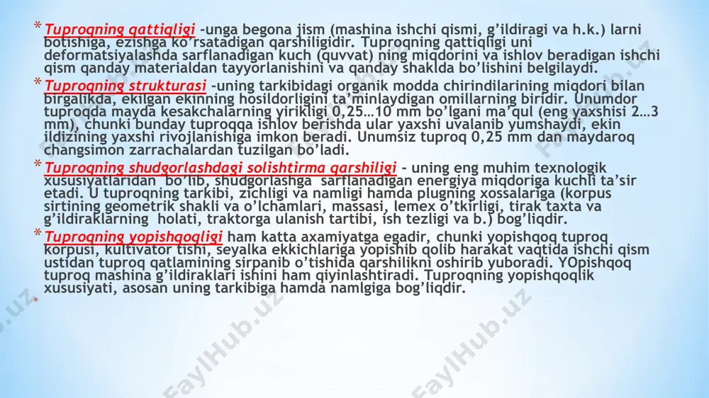 7 - chuqurlikni (tayanch g’ildirakni balandlik bo’yicha holatini) sozlagich; 8- tayanch g’ildirak. diqqat! yоzib oling va eslab qoling! er haydash ishlari tuproqning namligi 16-18% atrofida bo’lganda bajarilishi kerak. bunda tuproq yaxshi uvalanadi, mashinaning ishchi qismlariga yopishmaydi va uning qarshiligi eng kam bo’ladi, natijada, yoqilg’i va materiallar sarfi kamayib, agregatning ish unumi ortadi. agar tuproq nami yetarli bo’lmasa, albatda dalaga suv berib, tuproq yetilgandan so’ng ishlov o’tkazish kerak.