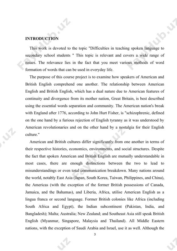 ependence and prominence of the united states, the difference between the two cultures is not complete. the subject and object of the course work. british and american english have some spelling differences. they also have different words. some everyday objects have different names depending on which version of english you use. the task of investigation: there are certain grammatical differences between british and american english. for example, in american english, collective nouns are considered singular. this course work, to a certain extent, served the fulfillment of tasks provided by a number of normative-legal acts such as the decree of the president of the republic of uzbekistan up-4947 "on the strategy of actions for further development of the republic of uzbekistan" dated february 7, 2017. decree of the president of the republic of uzbekistan pp-2909 of measures for further development of the system of higher education" of april 20, 2017, decree …