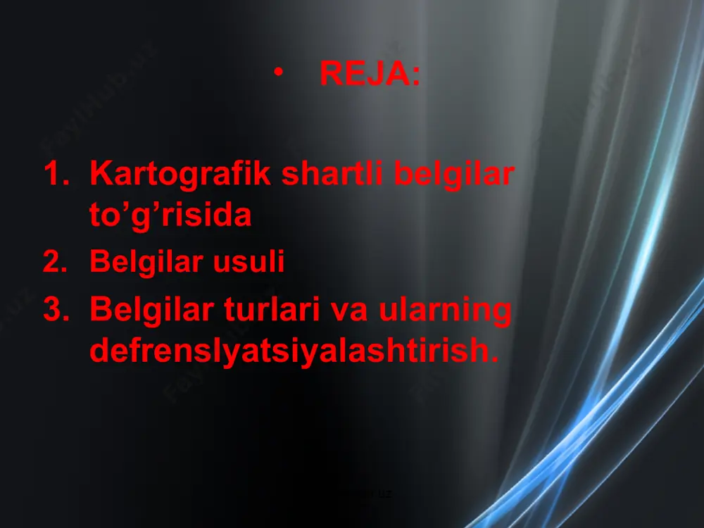 umkin bo’lmay qoladi. shuning uchun bunday predmetlar (tafsilotlar) masshtabsiz belgilar bilan ko’rsatiladi. masalan, temir yo’llar, elektr, telefon simlari, gaz quvurlari va h.k.lar. www.arxiv.uz www.arxiv.uz kartografik belgilarda xilma-xil ko’rsatkichlarni tasvirlashda geometrik shakllar eng ko’p ishlatiladi. masalan, to’rtburchak shaklining balandligi miqdor ko’rsatkichlarni, to’rtburchak shaklining yuzasi maydonni, kub hajmni, doira miqdor va sifat ko’rsatkichlarni ifodalaydi. www.arxiv.uz www.arxiv.uz kartografik belgilar sistemasini o’rganuvchi semiotika fanidan (u uchta qismdan: sintaktika, semantika va pragmatikadan iborat) belgilarni modellashtirishda keng foydalanmoqda. bu sohada prof. a.a.lyutiyning xizmatlari katta.300 мм5 мм2,2 мм222,4 мм2 ммd=2,2 мм1,2 мм37,9 мм3d=22,4 мм kartografik belgilar shakli, kattaligi, holati, ranggi va strukturasi bilan bir-birilaridan farq qiladilar. chiziqli belgilar bilan juda ko’p voqea va hodisalar- daryolar, temir yo’llar va avtomobilь yo’llari, chegaralar, dengiz va ko’llarning qirg’oq chiziqlari va h.k. tasvirlanadi. www.arxiv.uz www.arxiv.uz www.arxiv.uz www.arxiv.uz belgilar yordamida kartalarda absolyut ko’rsatkichlar tasvirlanganda ba’zan bir o’lcham birligidan ikkinchi o’lcham birligiga o’tish holatlari ham bo’ladi. masalan, 2 ta mamlakatda yetishtirilayotgan paxtani kartada …