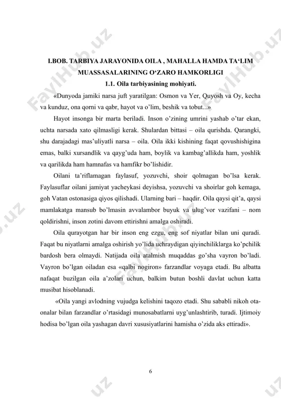 og’i dedik. bu o’choqda barkamol farzandlar pishib etilishi uchun buyuk davlatimiz, havas qilsa arzigulik prezidentimiz, jonkuyar xalqimiz barcha sharoitlarni yaratib bermoqda. bunga javoban biz ham oz bo’lsada o’z hissamizni qo’shishimiz shart deb o’ylaymiz.bunday boylikga ega bo’lganlarni jamoa boy-badavlat ota-ona, boy-badavlat oila deb tan oladi. bunday oila hech qachon xor bo’lmaydi». inqilobdan oldin, uning dastlabki kunlaridayoq sharqona tarbiyaga yuksak baho berilgan edi. «bolaga muhabbat, bolaga diqqat – e’tiborni rusiyaliklar sharq xalqlaridan o’rganishlari kerakligi» e’tirof etilgan edi. bir qancha rus etnograflarining turkiston xalqlari turmush tarzi, oilaviy munosabatlari, an’analari bilan qiziqishlari tarixdan ma’lum. lekin vaqt o’tishi bilan nimagadir milliy qadriyatlarga bid’at va xurofot deb nom berildi. bizda e’tiborga olinmagan kaykovusning «kobusnomasi», yusuf xos hojibning «qutadg’u bilig», ahmad yugnakiyning «hibbatul haqoyiq»i jahonda tan olindi. navoiy bobomiz, munis xorazmiy, abdulla avloniy, hoji abdullo orif, sa’di sheroziy, mirzo bedil, hamzalar o’z asarlarida o’zbek xalqining o’ziga xos xususiyatlarini ochib berishgan. o’zbeklardagi ota–onaga bo’lgan izzat–hurmat, birodarlarga bo’lgan mehr–shafqat, …