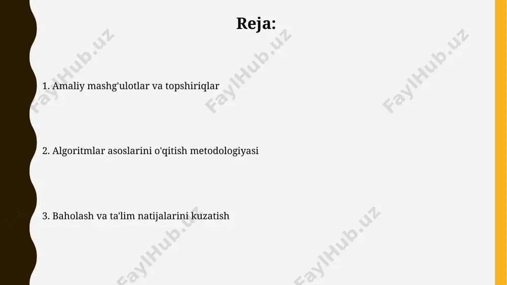 hun algoritm asoslarini samarali o'rgatishga imkon beradi. algoritmlar asoslarini o'qitish metodologiyasining umumiy tamoyillari murakkab algoritmlarni tushuntirishda, matematika fanidan 3-4 ta sodda misol keltirish, masalan, evklid algoritmini sonlar nazariyasi bilan bog'lash foydalidir. algoritmlar asoslarini o'rgatishda, 5-10 yoshdagi bolalar uchun blokli dasturlash muhiti, masalan, scratch yordamida amaliy mashqlar, toshkentdagi maktablarda qo'llanilishi samarali hisoblanadi. algoritmik fikrlashni rivojlantirish usullari алгоритмик фикрлашни ривожлантиришда 5-10 ёшли болаларга 20 тадан ортиқ визуал масалаларни ҳал этишни ўргатиш, масалан, роботларни бошқариш ва lego education конструкторларидан фойдаланиш самарали. алгоритмик муаммоларни ечишда босқичма-босқич таҳлил қилиш (3-5 та босқичли) ва псевдокод ёзиш кўникмаларини шакллантириш орқали андижондаги ўқитувчиларнинг таълим самарадорлиги 25% га ошган. o'qitish jarayonini takomillashtirish dasturlash tillarini o'rgatishda bosqichma-bosqich yondashuv va 3-4 ta turli algoritm misolini tahlil qilish, o'quvchilarning muammoni hal qilish ko'nikmalarini rivojlantirishga yordam beradi, masalan, buxoroda qo'llaniladigan bir usul. algoritmlar asoslarini o'rgatishda interfaol o'yinlardan foydalanish, 70% ga yaqin o'quvchilarning faol ishtirokini ta'minlab, samarqanddagi maktablarda qo'llaniladigan usullar singari. o'quvchilarni baholash va …