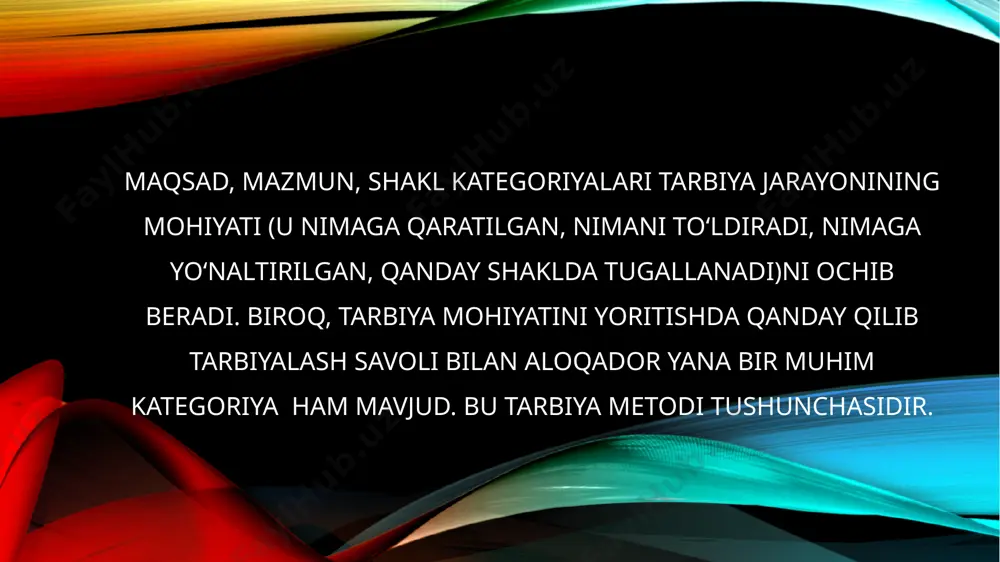 bilan bog‘liqlikda ba’zan tarbiya metodlari qo‘yilgan maqsadni muvafaqqiyatli amalga oshirish uchun foydalaniladigan usul va vositalar tizimi sifatida aniqlanadi. xuddi shuningdek metodning tuzilishida usullar va vosita albatta mavjud bo‘ladi. tarbiya metodlarining maqsadi va mazmuni metodning ijobiy va salbiysi bo‘lmaydi, tarbiya jarayonida ma’lum yo‘lni yuqori darajadagi samarali va samarasiz deya baholash mumkin emas. metodning samaradorligini u qo‘llanilayotgan sharoit nuqtai nazaridan baholash mumkin. tarbiya metodlarini maqsadga muvofiq tanlash bir qator omillarga bog‘liq tarbiyaning maqsad va vazifalari. maqsad nafaqat metodlarni oqlaydi, balki ularni aniqlab beradi. maqsad qanday bo‘lsa, unga erishish metodlari unga muvofiq bo‘lishi zarur. tarbiya mazmuni. unutmaslik kerakki, aynan bitta vazifa turli xil fikrlar bilan to‘ldirilgan bo‘lishi mumkin. shuning uchun metodlarni umuman mazmun bilan emas, balki aniq fikr bilan bog‘lash g‘oyat muhimdir. tarbiyalanuvchilarning yosh xususiyatlarini hisobga olish. u yoki shunga o‘xshash vazifalar tarbiyalanuvchilarning yoshi bilan bog‘liqlikda hal qilinadi. yosh bu oddiygina qancha yashaganligi son ko‘rsatkichi emas. unda egallangan ijtimoiy tajriba, psixologik va ahloqiy …