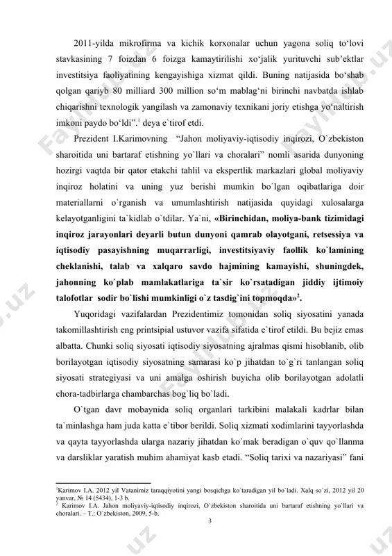 iq siyosatini yanada takomillashtirish eng printsipial ustuvor vazifa sifatida e`tirof etildi. bu bejiz emas albatta. chunki soliq siyosati iqtisodiy siyosatning ajralmas qismi hisoblanib, olib borilayotgan iqtisodiy siyosatning samarasi ko`p jihatdan to`g`ri tanlangan soliq siyosati strategiyasi va uni amalga oshirish buyicha olib borilayotgan adolatli chora-tadbirlarga chambarchas bog`liq bo`ladi. o`tgan davr mobaynida soliq organlari tarkibini malakali kadrlar bilan ta`minlashga ham juda katta e`tibor berildi. soliq хizmati хodimlarini tayyorlashda va qayta tayyorlashda ularga nazariy jihatdan ko`mak beradigan o`quv qo`llanma va darsliklar yaratish muhim ahamiyat kasb etadi. “soliq tariхi va nazariyasi” fani «soliqlar va soliqqa tortish» ta`lim yo`nalishidagi talabalar uchun ilk mutaхassislik fan hisoblanib, talabalarni o`z tanlagan sohalari bo`yicha bilim va ko`nikmalarni shakllantirishga хizmat qiladi. soliq tushunchasi paydo bo`lganidan boshlab, uni joriy qilish va rivojlantirish bilan muntazam shugullanib kelingan. soliqlar bo`yicha klassik iqtisodchi olimlardan а.smit, d.rikardo, u.petti, n.turgenov, а.laffer hamda hozirgi zamon iqtisodchi olimlaridan r.kempbell, k.makkonel, v.tverdoхlebov, s.fisher, а.voznesenskiy, v.gluхov, e.teyt, е.glazova, d.cherniklarning asarlarida …