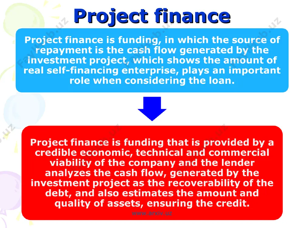 reement and other forms of credit support investors lenders output assets comprising the project www.arxiv.uz www.arxiv.uz in project financing the main sources of loans are commercial banks. however, not only banks provide funds for the project; involved in lending to several financial institutions, but commercial bank is considering various options of the loan, arrange financing, takes over the functions of a financial adviser, developing risk-sharing scheme for the project, provides customer service and its relationship with other creditors. www.arxiv.uz www.arxiv.uz www.arxiv.uz www.arxiv.uz www.arxiv.uz the key to project financing is the reallocation of any risk away from the lenders to the project. it’s all about risk! www.arxiv.uz www.arxiv.uz “what may be an unacceptable risk for one party may be perfectly acceptable to another” risk analysis pre construction construction operation but many risks may be present at all stages resource availability- geological-infrastructure-technological-construction-operating-labour supply-material sourcing-product market-management-political-regulatory-environmental www.arxiv.uz www.arxiv.uz the term "regression" refers to …