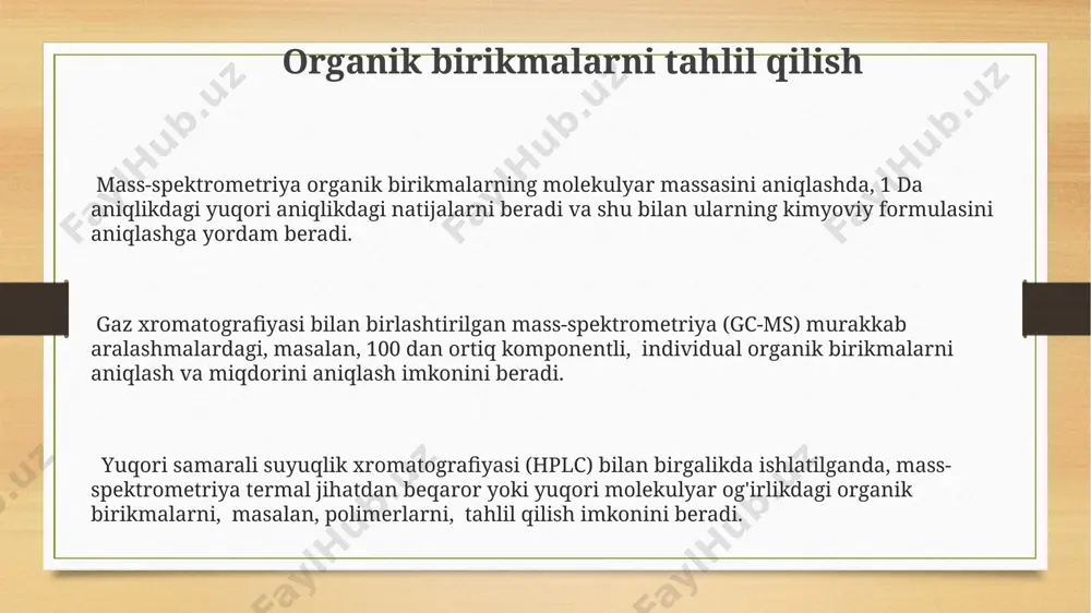 ezuvchanlik va aniqlik kabi afzalliklaridan foydalaniladi, bu esa 0,1 mkg/ml darajadagi kontsentratsiyalarni aniqlash imkonini beradi. ma'lumotlarni qayta ishlash mass-spektrometriya ma'lumotlarini qayta ishlashda piklarning intensivligi va m/z nisbatlarini aniqlash uchun dekonvolyutsiya algoritmlari, masalan, >95% aniqlik bilan qo'llaniladi. ma'lumotlar bazalari bilan solishtirish orqali, 1000 dan ortiq metabolitlarni aniqlash va identifikatsiyalash mumkin, bu esa biomarkerlarni aniqlashga yordam beradi. noyob izomerlarni ajratish va identifikatsiyalash uchun, ko'p o'zgaruvchan statistik tahlil usullari, jumladan, pca va pls-da, 90% dan yuqori ishonchlilik bilan ishlatiladi. ekologiya va atrof-muhitni monitoring qilish tuproqdagi pestisid qoldiqlarini, ularning 50 dan ortiq turini, ppb darajasida aniqlash uchun gaz xromatografiyasi-mass-spektrometriyasi (gc-ms) samarali usul hisoblanadi. mass-spektrometriya yordamida havoda 10 dan ortiq zararli organik birikmalar (vocs), jumladan, benzol va toluen kabi kanserogenlarni aniqlash va miqdorini aniqlash mumkin. suv namunalarida og'ir metallarning (masalan, qo'rg'oshin, simob) konsentratsiyasini ppm darajasida aniqlash uchun induktiv bog'langan plazma mass-spektrometriyasi (icp-ms) texnikasidan foydalaniladi. ionlash usullari kimyoviy ionlash (ci) usuli, reagent gaz (masalan, metan) yordamida …