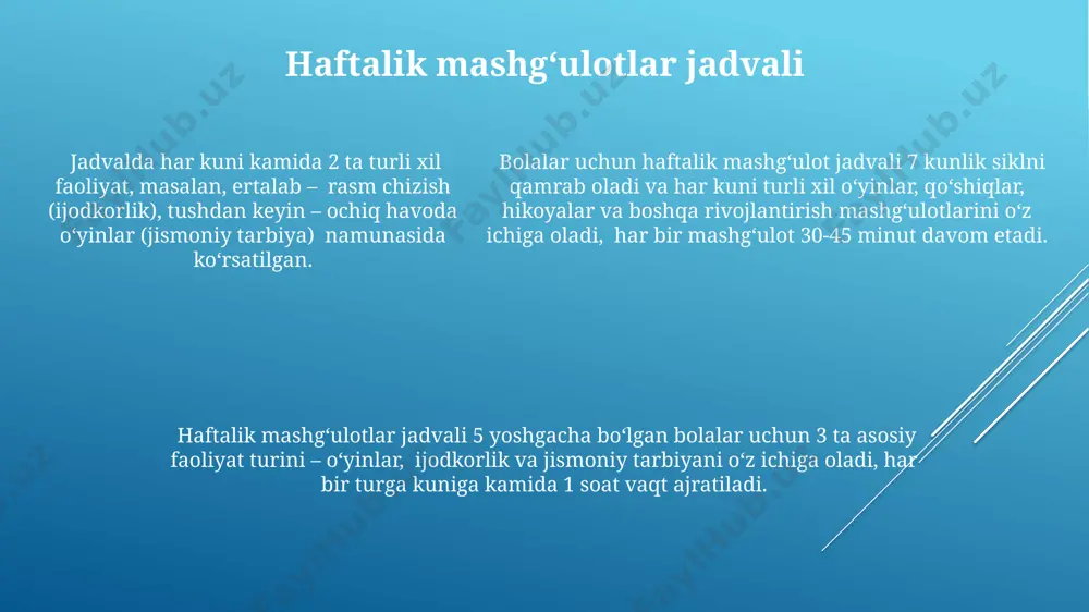bolalar faoliyati va haftalik mashg'ulotlar jadvali - Page 5