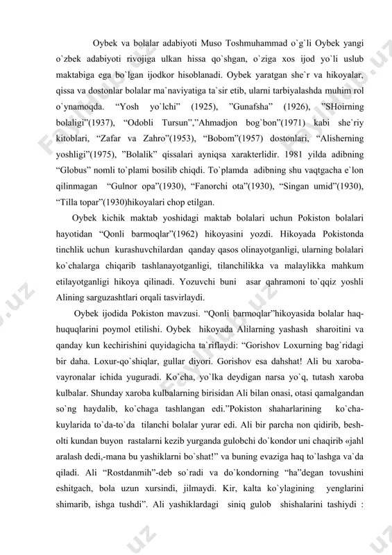 `ng haydalib, ko`chaga tashlangan edi.”pokiston shaharlarining ko`cha-kuylarida to`da-to`da tilanchi bolalar yurar edi. ali bir parcha non qidirib, besh-olti kundan buyon rastalarni kezib yurganda gulobchi do`kondor uni chaqirib «jahl aralash dedi,-mana bu yashiklarni bo`shat!” va buning evaziga haq to`lashga va`da qiladi. ali “rostdanmih”-deb so`radi va do`kondorning “ha”degan tovushini eshitgach, bola uzun xursindi, jilmaydi. kir, kalta ko`ylagining yenglarini shimarib, ishga tushdi”. ali yashiklardagi siniq gulob shishalarini tashiydi : “siniq, cheti uchgan shishalar va berahm quyoshning issig`i uni xunob qilar, kichik barmoqlari tilingan , qo`llari qon. ammo och, tentirab yurishdan charchagan bola bu xizmatdan vaqti xush” edi. ”isqirt, juldur, cho`pday oriq bolalar bolaning qonagan qo`llariga tikildilar”. bolalar aliga ko`mak bermoqchi bo`lganlarida u “raxmat” deb javob berdi. ali och-nahor, barmoqlarini shisha siniqlari kesib achitishiga , bir parcha non topishning nihoyatda azob-uqubatlari va mashaqqatlariga qaramay do`kondor gulobchining og`ir ishini bajaradi. do`kondor “bir qutini ochib, yupqa “chapati”-nonni uloqtiradi. ali ilib oldi, quvonib dedi :” -darrov borib, …