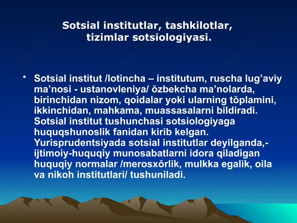 yoshdan tortib to kasb-mashg‘ulot turi va qobiliyati mezonlariga asosan jamiyatning rolga oid tarkibini aniqlab beradi; regulyativ (idora etish) sotsial institutlari. bu institutlar shaxsiy maqsadlarning jamiyatda amal qilib turgan normalariga dahlsiz holda amalga oshish chegaralarini va bu chegaradan chiqib ketilganda qo‘llaniladigan sanksiyalar belgilab beradi madaniy sotsial institutlar. din, san'at, adabiyot bilan bog‘liq; amal qilish doirasi va vazifalariga qarab sotsial institutlarning quyidagi ko‘rinishlarini ajratib ko‘rsatish mumkin: institutsional sotsiologiyada sotsial institutlarning bajaradigan asosiy vazifalari quyidagilardan iborat: a) jamiyat a'zolarini takror ishlab chiqarish qaytadan tiklash; ishlab chiqarish va taqsimot; sotsializatsiya (individga ijtimoiy ahamiyatli bo‘lgan qadriyat va normalarni etkazishning turli xil shakllar); g) tartibga rioya qilish va axloqni saqlab turish. jamiyat taraqqiyotining har bir bosqichi unga mos bo‘lgan muayyan sotsial institutlar amal qilinishi taqozo etadi. hozirgi zamon sivilizatsiyasi tomon qadam tashlayotgan mustaqil mamlakatimizda yangi maqomga monand bo‘lgan sotsial institutlar shakllaniishi jarayoni ro‘y bermoqda.bular iqtisodiy sohada-bozor iqtisodiyoti amal qilishiga xizmat qiladigan sotsial institutlar siyosiy sohada demokratik …