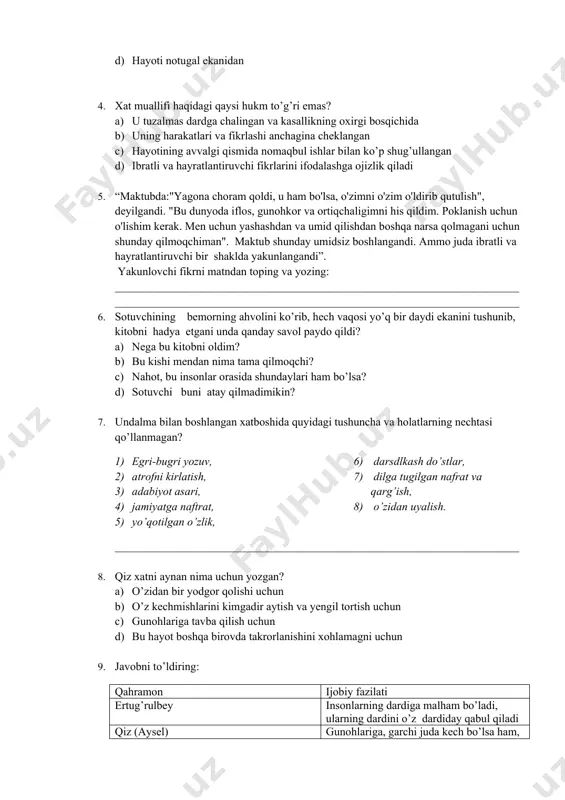 iz ham tamom bo’lasiz. ortingizda shunday boylik qoladiki, uni faqat kafanlikka, hapdoriga, arqon sotib olishga ishlata olasiz”. zulmatga aylangan hayotim bilan o’zimcha vidolashar ekanman, bufet qarshisidagi kitob do’koni diqqatimni tortdi. ikki kitob yonma yon turardi. “o’zini izlagan odam”, “o’zimni topdim”. narxi qimmat bo’lgani uchun sotib ololmasligimni bilganim uchun xo’rsindim. shunday bo’lsa-da, “o’zimni topdim” kitobini qo’limga oldim. sotuvchi esa, ahvolimni ko’rib, hech vaqosi yo’q bir daydi ekanimni tushunib, kitobni menga hadya etdi. hayotda ilk marta ta’masiz yaxshilik ko’rdim. hayron bo’ldim. bu insonlar ichida shundaylari ham bormi? nega bu kitobni oldim? buni bilmayman. o’lishga qaror qilgan kishi bu kitobni nima qiladi? buni ham bilmayman. kasalxonaga qaytdim. yana shifokorlardan dashnom ustiga dashnom eshitdim. - o’zingga qaramaysan, qo’limizda qolasan, o’lib ketasan… - qayerda o’sha kunlar! oh, qaniydi o’lsam… ham narkotikka qarshi davolanyapman, ham ruhiy muolaja olyapman. ular mendan kasalligimni yashirishar, ammo ichgan dorilarimdan bilardim. taqdir ekan-da. zero, o’lishni istamayman. (1 – 2)muqobil javobni tanlang: …
