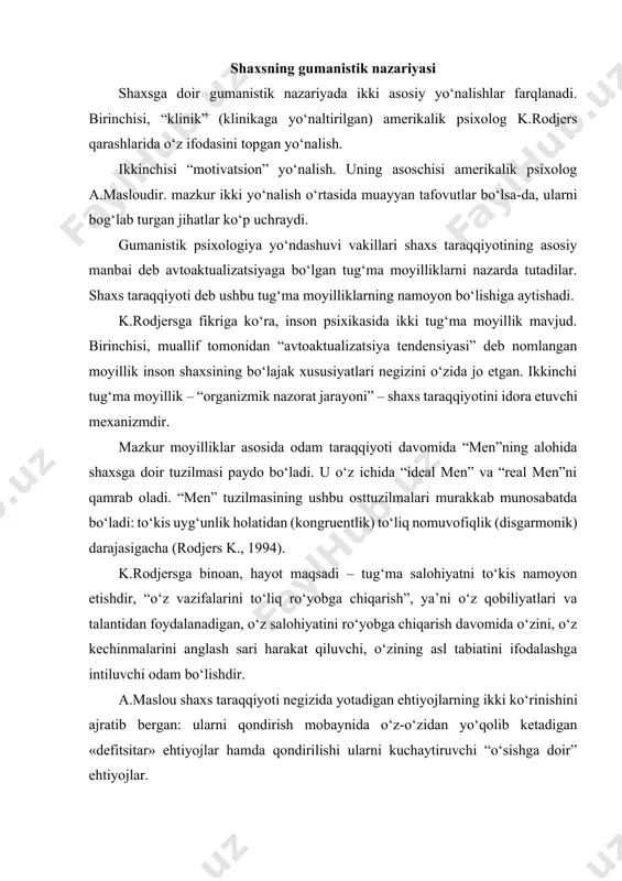 -o‘zidan yo‘qolib ketadigan «defitsitar» ehtiyojlar hamda qondirilishi ularni kuchaytiruvchi “o‘sishga doir” ehtiyojlar. maslou fikriga ko‘ra, motivatsiyaning besh darajasi mavjud: 1) fiziologik (oziqlanish, uxlash ehtiyjlari); 2) himoyalanganlik ehtiyoji (uy-joyga ega bo‘lish, ish joyiga ehtiyoj); 3) bir insonning boshqa bir insonga nisbatan ehtiyojini ifodalovchi mansublik ehtiyoji, masalan, oila qurishga; 4) o‘zini-o‘zi baholash ehtiyoji (o‘zini hurmat qilish, o‘z g‘ururini saqlash); 5) avtoaktualizatsiya ehtiyoji (ijod qilish, go‘zallikka intilish, to‘kis bo‘lish kabi metaehtiyojlar). ro‘yxat boshidagi ikki ehtiyoj defitsitar, uchinchisi – oraliq ehtiyoj, to‘rtinchi va beshinchi ehtiyojlar o‘sishni ta’minlaydigan ehtiyojlar sirasiga kiritilgan. maslou motivatsiyaning mantiqiy ketma-ketlikda rivojlanish qonunini ifoda etgan. unga ko‘ra odam motivatsiyasi quyidan yuqoriga qarab rivojlanadi, agarki quyi darajadagi ehtiyojlar qondirilmas ekan shaxsning yuqori darajadagi ehtiyojlarining shakllanishi amri mahol bo‘ladi. boshqachasiga aytadigan bo‘lsak, odamning bosh suqadigan uy-joyi bo‘lmas, qorni to‘ymas ekan u oila qurish imkoniyatidan mahrum bo‘ladi, oilasi yo‘q ekan o‘zini-o‘zi hurmat qilolmaydi yoki ijod bilan shug‘ullanishiga monelik qiladigan omillar ko‘payadi. inson uchun eng …