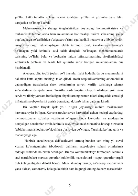 n. yurtimiz ko’hna tarix va madaniyatga ega. hozirda kanalizatsiya deb ataluvchi tarmoq bundan uch ming yil avval xizmat ko’rsatganligini isbotlovchi dalillarni arxeologiya sohasi olimlarimiz tadqiqot ishlarida ko’rsatib berishgan. bu esa kommunikatsiya tarmoqlari, ichimlik suvi (sardobalar) maxsus quvurlar kulolchilik mahsulotlari – sopol quvurlar orqali olib kelinganligidan dalolat beradi. mana shunday tarixiy, an’anaviy merosimizni yana tiklash, zamonaviy holatga keltirish ham bugungi kuning dolzarb masalasidir. hozirgi paytda turizm infratuzilmasida bank va moliyaviy tashkilotlar va xizmatlarning o’rni alohida. turistlar sayohatda va dam olishda xilma-xil xizmat turlaridan foydalanishni xohlaydilar. ya’ni o’z xohishi bo’yicha biror narsa sotib olishni istashadi. bunda ular ko’ngil ochish uchun har kuni ko’p miqdorda pul sarflashadi. pulni, ayniqsa, katta miqdordagi pulni ko’tarib yurish turistlarga noqulaylik va qiyinchiliklar tug’diradi. turistlarning ko’p miqdorda pulni olib yurishi o’g’rilarni, qaroqchi va tovlamachilarni va har xil turdagi jinoyatchilarning jinoiy harakat qilishlariga olib keladi. turizm sohasi tashkil topishi bilanoq, to’g’rilanishi va tartibga olinishi mumkin bo’lgan xavfsiz pul bilan …