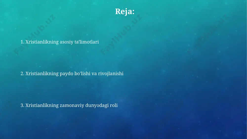 iyodagi xristian cherkovlarining aksariyati, masalan, toshkentdagi cherkovlar, sovet davrida yopilgan yoki qayta qurilgan, ammo ba'zilari 1990-yillardan keyin qayta tiklandi va bugun 20 dan ortiq faol jamoatlarga ega. xristianlik ta'limoti xristianlik 1-asrda falastinda paydo bo'lib, keyinchalik butun dunyoga tarqalib, milliardlab izdoshlarini to'pladi va bugungi kunda 200 dan ortiq mamlakatda keng tarqalgan. injilning 66 kitobi, yaqin sharqda va undan keyingi davrlarda yozilgan bo'lib, xristianlikning asosiy diniy matni hisoblanadi va unda xudoning o'g'li iso masihning hayotini va ta'limotlarini bayon qilinadi. zamonaviy xristianlik 21-asrda, afrika va osiyo kabi mintaqalarda xristianlikning tez sur'atlarda o'sishi kuzatilmoqda, bu esa global xristian jamoasining geografik taqsimlanishini sezilarli darajada o'zgartirmoqda. xristianlikning zamonaviy ifodalaridan biri, internet va ijtimoiy tarmoqlar orqali diniy ma'lumotlarning tarqalishi va global miqyosdagi onlayn jamoalarning shakllanishi hisoblanadi, masalan, youtube kanallari orqali 10 millionlab odamlarga murojaat qiluvchi xristian ta'limotchilari mavjud. muqaddas kitob muqaddas kitobda 39 ta eski ahd va 27 ta yangi ahd kitoblari mavjud bo'lib, ularning mazmuni xudoning …