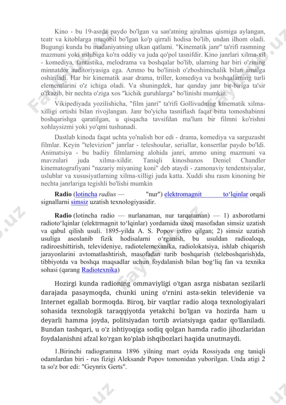 qo’qon kabi shaharlarda chet el filmlarining namouish etilishi. xx asr 20-yillarida ilk o’zbek milliy kinosi (kinoooperator x. devonov). 1936-yildan “o‘zbekfilm” studiyasida “o‘lim minorasi”, “musulmon qiz” va “ikkinchi xotin” kabi ovozsiz va 1937-yilda “qasam”, “alisher navoiy”, “tohir va zuxra” va “shohi so’zana” kabi ovozli filmlarini ekranlashtirilishi. mustaqillik davrida: “kenja qiz”, “buyuk sohibqiron”, “otamdan qolgan dalalar”, “marg’iyona” va “yaratganga shukur” kabi yangicha talqindagi filmlarning yuzaga kelishi. kino - bu 19-asrda paydo bo'lgan va san'atning ajralmas qismiga aylangan, teatr va kitoblarga muqobil bo'lgan ko'p qirrali hodisa bo'lib, undan ilhom oladi. bugungi kunda bu madaniyatning ulkan qatlami. "kinematik janr" ta'rifi rasmning mazmuni yoki uslubiga ko'ra oddiy va juda qo'pol tasnifdir. kino janrlari xilma-xil - komediya, fantastika, melodrama va boshqalar bo'lib, ularning har biri o'zining minnatdor auditoriyasiga ega. ammo bu bo'linish o'zboshimchalik bilan amalga oshiriladi. har bir kinematik asar drama, triller, komediya va boshqalarning turli elementlarini o'z ichiga oladi. va shuningdek, har qanday janr bir-biriga …