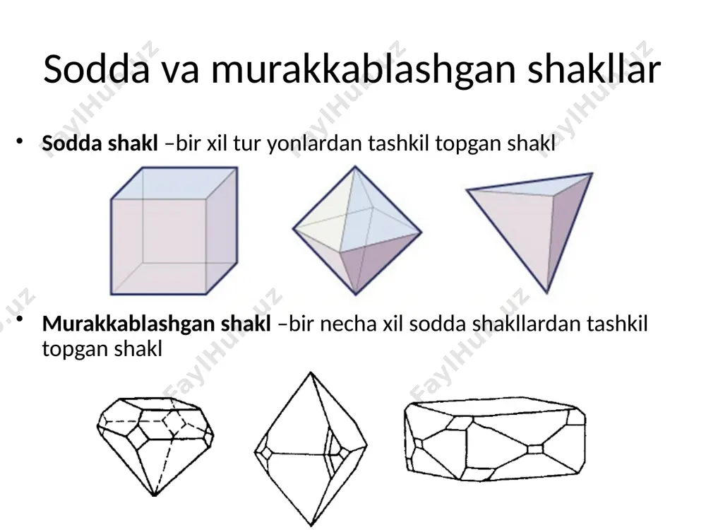 qatgina simmetriya markazi bo’lishi mumkin m: mikroklin, plagioklaz, feruza, vollastonit monoklin singoniya 3 ta guruhchani o’z ichiga oladi: 3. o’qli diedrik – l2 4. o’qsiz diedrik – p 5. prizmatik – l2pc faqatgina bitta 2-darajali simmetriya o’qiga yoki tekisligiga ega epidot ca2al2(fe3+;al)(sio4)(si2o7)o(oh) m: gips, azurit, epidot, malaxit, kaolinit, ortoklaz, and talk malaxit azurit cu3(oh)2(co3)2 rombik singoniya 3 ta guruhchani o’z ichiga oladi: 6. rombotetraedrik – 3l2 7. rombopiramidali – l22p 8. rombodipiramidali – 3l23pc 2-darajali o’qlar va simmetriya tekisliklari soni yig’indisi 3 yoki 6 ga teng barit topaz m: andalusit, antofilit, aragonit, barit, kordierit, olivin, silimanit, stibnit, oltingugurt va topaz trigonal singoniya 5 ta guruhchani o’z ichiga oladi: 9. trigonal piramidali – l3 10. romboedrli – li3c 11. trigonal-trapetsoedrik – l33l2 12. ditrigonal piramidali – l33p 13. ditrigonal skalendrik – li33l23pc bitta 3-darajali simmetriya o’qiga ega kinovar ilmenit dolomit m: dolomit, ilmenit, α-kvars, kinovar, vismut tetragonal singoniya 7 ta guruhchani …