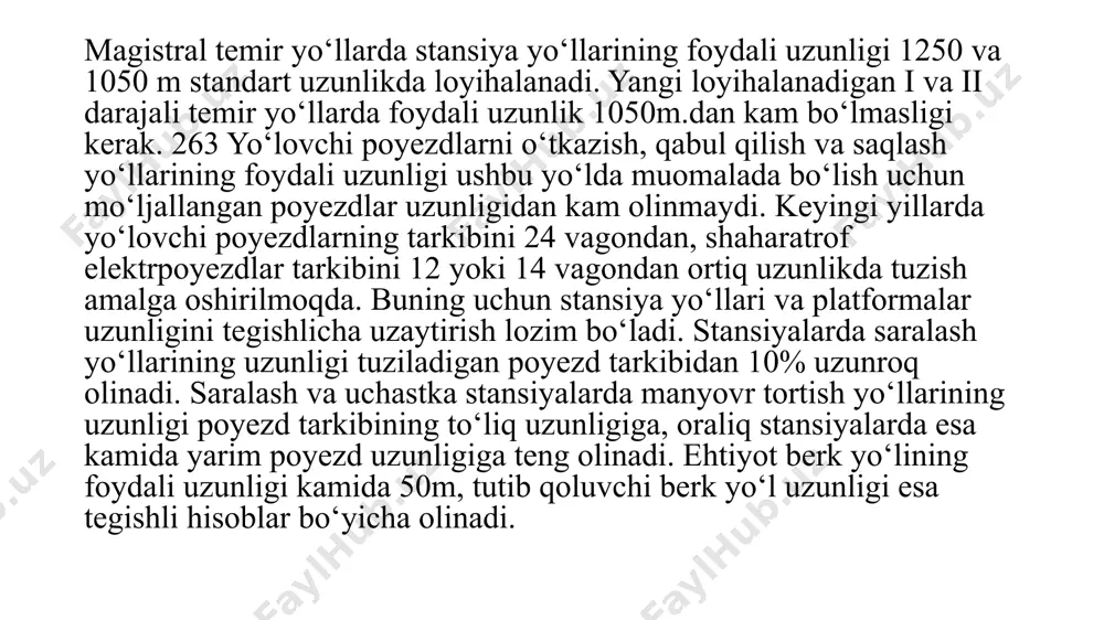 hun maxsus-tayyorlashi mumkin. stansiya ishini tashkil qilishga asosiy talablar harakat xavfsizligini so‘zsiz ta’minlash va mehnat muhofazasi qoidalariga qa’tiy rioya qilish bo‘lib, buning uchun stansiyaning texnik-boshqaruv dalolatnomasi (tbd) tuziladi. raz’ezdlar va o‘zib o‘tish punktlari raz’ezdlar faqat bir yo‘lli liniyalarda qurilib, qarama-qarshi yo‘nalish poyezdlarini o‘zaro o‘tkazib yuborish (kesishuv) va bir yo‘nalishdagi poyezdlarning o‘zaro o‘zib o‘tishini tashkil qilish uchun xizmat qiladi. raz’ezdlar bosh yo‘l va bir-ikki qabul qilish-jo‘natish yo‘llaridan iborat bo‘ladi. qarama-qarshi yo‘nalish poyezdlarini o‘zaro o‘tkazib yuborish uchun birinchi kelayotgan poyezd qabul qilish-jo‘natish yo‘llarining biriga (asosan o‘ng tomon yo‘liga) qabul qilib to‘xtatiladi, qarama-qarshi tomondan kelayotgan ikkinchi poyezd bosh yo‘l bo‘ylab to‘xtatmay o‘tkazib yuboriladi. ikkinchi poyezd kirish yo‘li strelkali bo‘g‘zidan o‘tgan zahoti to‘xtatilgan birinchi poyezd uchun yo‘l hozirlanib, chiqish signali ochiladi va poyezd jo‘natiladi. poyezdlarning o‘zaro o‘zib o‘tishini tashkil qilish birinchi kelayotgan poyezdni qabul qilish-jo‘natish yo‘liga olib to‘xtatish va shu yo‘nalishda kelayotgan ikkinchi tezkor poyezdni to‘xtatmay o‘tkazib yuborishdan iborat. /docprops/thumbnail.jpeg