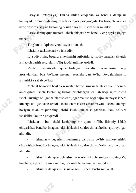 kning asosiy farqi shundaki, birinchisida, ma‘lum malaka va tajriba mavjud bo`ladi va undan foydalanib, ish joylarini tezroq topib olishadi, ikkinchisida esa, ishchi kuchi darhol va tezroq ish joylarini topa olmaydi. davriy ishsizlik. · davriy ishsizlik asosan ishlab chiqarishning pasayishi natijasida ishchi kuchiga bo`lgan talabning kamayishidan paydo bo`ladi. davriy pasayish tovar va xizmatlarga bo`lgan yalpi talabning kamayishini, shunga muvofiq, yalpi tatalabning kamayishini, va oqibatda aholining ish bilan bandligi qisqarishi va ishsizlikning o`sishini bildiradi. · to`la ish bilan bandlik ishchi kuchining 100 foiz ish bilan ta‘minlanganligini bildirmaydi. aksincha, friksion va strukturali ishsizlik ilojsiz hol bo`lganligini hisobga olsak, biz mutlaq to`la ish bilan bandlilikka erishib bo`lmasligini tushunamiz. makroiqtisodiy beqarorlik tufayli, iqtisodiy pasayish davrida mamlakat o`z iqtisodiy potensialini to`liq ishga solmasdan, yaratilgan haqiqiy yaim hajmi (yh) potensial yaim (yp) hajmidan ortda qoladi. ya‘ni yaimning uzilishi (yuz) ro`y beradi. · makroiqtisodiy beqarorlik tufayli, iqtisodiy pasayish davrida mamlakat o`z iqtisodiy potensialini to`liq ishga solmasdan, yaratilgan haqiqiy …