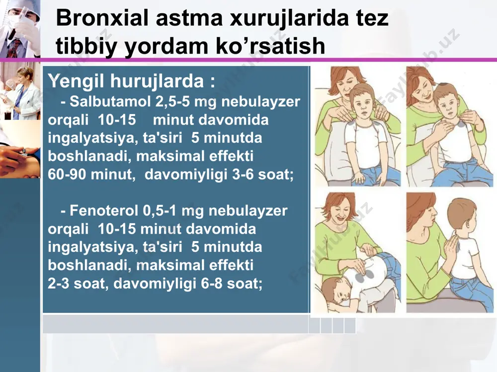 ndan so’ng, ta’siri 5-6 kundan keyin ma’lum bo’ladi. uzoq ta’sir etuvchi 2. uzoq ta’sir etuvchi igkslar guruxiga - budesonid (pulmikort, benakort, budesonid forte), flyutikazon propionat (fliksotid), flunizolid gemigidrat (ingakorg)lar kiradi. ularning kunlik dozasi odatda 2 qismga bo’linib, ertalab va kechqurun ishlatiladi. uzok ta’sir etuvchi igkslarni baning barcha boskichlaridagi bemorlarga buyurish kulay bo’lib, ular boshqa preparatlarga bo’lgan extiyojni va nojo’ya ta’sirlarni kamaytiradi. masalan - igkslarni bir kunda 800 mkg kullash zarurati bo’lsa, uning uchun kiska ta’sir etuvchi igks (bekotid, aldestin) lardan kunda 16 ingalyastiya (50 mkg - 4 dozadan 4 maxal) qo’llanilsa, ulardan farqli o’laroq uzoq ta’sir etuvchi igks (ingakort, budesonid) lardan esa agigi 4 ingalyastiya (2 ingalyastiyadan 2 maxal) qo’llash yetarli bo’ladi. uzoq ta’sir etuvchi igkslardan foydalanish davo kurslarining tannarxini kamaytirishda ham muxim axamiyatga ega. e’tiboringiz uchun raxmat. image5.jpeg image6.jpeg image7.jpeg image8.jpeg image9.png image10.png image11.jpeg image12.jpeg image13.png image14.png image15.png image16.png image17.png image18.png image19.png image20.png image21.png image1.png image2.jpeg image3.jpeg image4.jpeg /docprops/thumbnail.jpeg