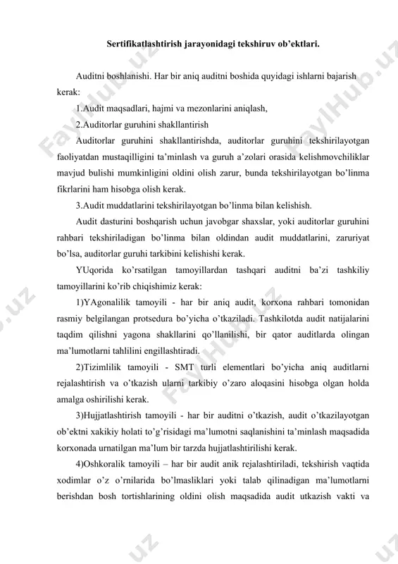 olish maqsadida audit utkazish vakti va davomiyligi to’g’risida audit o’tkaziladigan bo’linma (ma’sul shaxs) oldindan ogohlantiriladi. 5)doimiylik tamoyili - smt barcha elementlari va barcha bo’linmalar korxona rahbariyati tomonidan tahlil va baholash predmeti bo’lishini ta’minlash maqsadida auditlar davriylik bilan o’tkaziladi. auditlar oralig’ini, tekshirilayotgan jarayonlarni maqomi va muhimligini, avvalgi auditlar natijalarini hisobga olgan holda tashkilotning o’zi belgilaydi. 6.audit dasturini boshqarish audit dasturi aniq muddatlarga rejalashtirilgan bir yoki bir necha auditlarni o’z ichiga olishi mumkin. biroq, audit dasturi auditlarni yillik grafigidan iborat emas, balki unda auditlarni rejalashtirish va tashkil qilish, shuningdek ularni belgilangan muddatlarda natijali va samarali bajarilishini uchun etarli darajada resurslar bilan ta’minlanishi talab etiladi. tekshiruv dasturi boshqaruviga qo’yiladigan talablar. audit dasturida: audit maqsadlari va hajmi, audit dasturi bo’yicha umumiy va alohida auditlar bo’yicha javobgarlik, auditni o’tkazish jarayonlari ko’rsatiladi. tashkilot rahbariyati, audit dasturini boshqarish uchun javobgar shaxslarni tayinlashi va ularga audit dasturini belgilash, zarur resurslar bilan ta’minlash, dasturni joriy qilish, monitoring utkazish, tahlil …