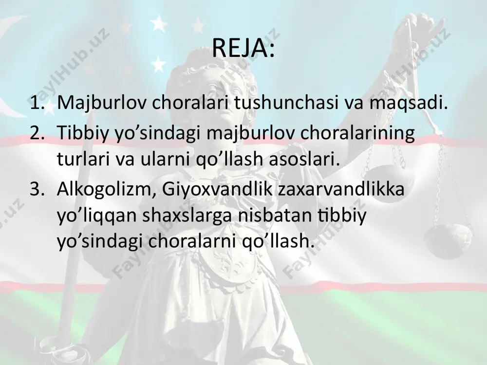 asi asosida davolash maqsadida ta'sir ko’rsatadi. yuqoridagi koidaga muvofk tibbiy yo’sindagi majburlov choralari sud tomonidan tayinlanadigan davlatning majburlov chorasi sud xukmi bilan emas, balki sud qarori bilan belgilanadi. tibbiy yo’sindagi majburlov choralari sud tomonidan tayinlanadigan davlatning majburlov chorasi bo’lib xisoblanadi. bu majburlov chorasi sud xukmi bilan emas balki sud qarori bilan belgilanadi. tibbiy yo’sindagi majburlov chorasi ruxiy kasallika chalingan shaxs tomonidan sodir etilishi mumkin, bo’lgan ijtimoiy xavfli qilmishning oldini oladi, ularni davolash va jamiyat manfaatlarini ximoya qilishga xizmat qiladi. tibbiy yo’sindagi majburlov chorasining anik bir turini qo’llashdan oldin sud belgilangan maqsadlarning xar biriga erishish mumkinligiga e'tibor karatish lozim. shunday qilib, tibbiy yo’sindagi majburlov choralari jinoiy jazo chorasidan o’z asosiga, tuzilishiga va yuridik oqibatiga ko’ra farq qiladi. yuridik okibati deganda, sudlanganlik xolatini vujudga kelishi tushiniladi. tibbiy yo’sindagi majburlov chorasi sudlanganlik xolatini vujudga kelishi tushuniladi. tibbiy yo’sindagi majburlov chorasi sudlanganlik xolatini keltirib chiqaradi. agar alkagolizm giyoxvandlik yoki zaxarvandlikka yo’liqqan shaxslarga nisbatan jazo …