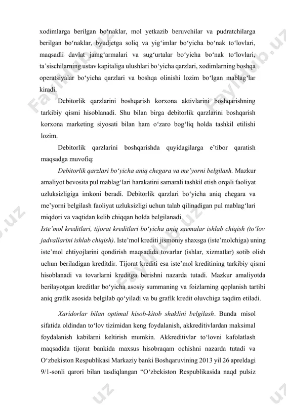 jorat kreditlari boʻyicha aniq sxemalar ishlab chiqish (toʻlov jadvallarini ishlab chiqish). iste’mol krediti jismoniy shaxsga (iste’molchiga) uning iste’mol ehtiyojlarini qondirish maqsadida tovarlar (ishlar, xizmatlar) sotib olish uchun beriladigan kreditdir. tijorat krediti esa iste’mol kreditining tarkibiy qismi hisoblanadi va tovarlarni kreditga berishni nazarda tutadi. mazkur amaliyotda berilayotgan kreditlar boʻyicha asosiy summaning va foizlarning qoplanish tartibi aniq grafik asosida belgilab qoʻyiladi va bu grafik kredit oluvchiga taqdim etiladi. xaridorlar bilan optimal hisob-kitob shaklini belgilash. bunda misol sifatida oldindan toʻlov tizimidan keng foydalanish, akkreditivlardan maksimal foydalanish kabilarni keltirish mumkin. akkreditivlar toʻlovni kafolatlash maqsadida tijorat bankida maxsus hisobraqam ochishni nazarda tutadi va oʻzbekiston respublikasi markaziy banki boshqaruvining 2013 yil 26 apreldagi 9/1-sonli qarori bilan tasdiqlangan “oʻzbekiston respublikasida naqd pulsiz hisob-kitoblar toʻgʻrisida”gi nizomga asosan amalga oshiriladi. akkreditiv boʻyicha hisob-kitob qilinganida mijozning (mablagʻlarni toʻlovchining) topshirigʻi bilan va uning koʻrsatmalariga muvofiq akkreditiv ochgan bank (bank-emitent) mablagʻlarni oluvchi yoki u koʻrsatgan shaxs hujjatlarni taqdim etgan va akkreditivda nazarda …