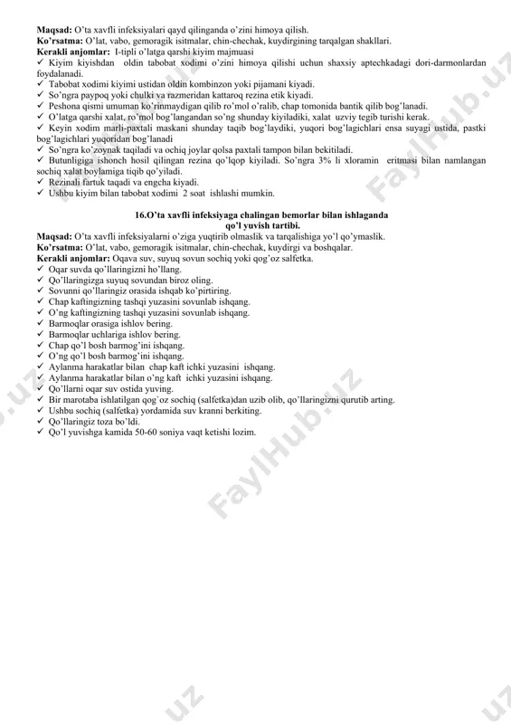· surtma etil spirtida 2-3 daqiqa fiksastiya qilinadi, 45 daqiqa davomida azur-eozin bilan bo’yaladi. · buyum oynasi chetiga mumli qalam bilan bemor familiyasi yoki qayd etilgan son ko’rsatiladi. · surtma oqib turgan kran suvida bo’yoq yuviladi va xona haroratida 2-3 soat davomida vertikal holatda quritiladi. · laboratoriyaga jo’natiladi. 8. enterobioz kasalligida gijja tuxumlarini aniqlash uchun perianal sohadan surtma tayyorlash qoidalari. maqsad: gijja tuxumlarini topish. ko’rsatma: perianal sohada qichishish va gijja kasalligiga xos klinik belgilar. kerakli anjomlar: sterillangan rezina qo’lqop, sterillangan paxta o’ralgan yog’och tayoqcha, probirka, glisterin, laboratoriyaga yo’llanma varaqasi. bajariladigan bosqichlar (qadamlar): · sterillangan rezina qo’lqop kiyiladi. · bemordan echinish so’raladi. · bemordan engashib turish so’raladi. · tayoqchaga o’ralgan toza paxtaga glisterin shimdiriladi. · dumba sohasini kengroq ochish so’raladi. · glisteringa shimdirilgan toza paxta o’ralgan yog’och tayoqcha bilan perianal soha burmalaridan qirindi olinadi. · tayoqcha olingan material bilan sterillangan probirkaga joylanadi. · yo’llanma varaqasiga bemor ma’lumotlari yoziladi. · olingan material …