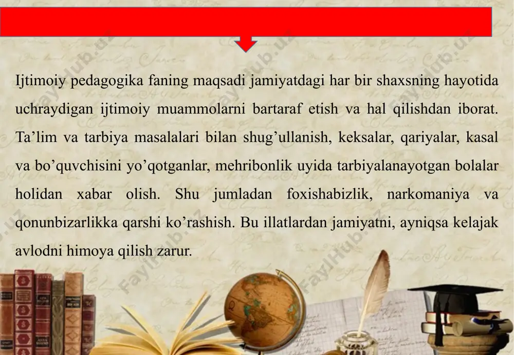 ringa ega. ular faoliyatining mohiyati shuki avval mavjud bo’lgan o’sha davrni ijtimoiylashtirish usullari ilmiy asoslangan tizim asosida to’planganligidadir. etuk olimlarning faoliyat xarakteri-ilm bilan mashg’ul bo’lish ijtimoiy pedagogik qarashlarning mazmuniga o’z ta’sirini ko’rsatadi. buyuk olim al-xorazmiy(783-850y)ning asarlari yorqin didaktik xarakterga egadir. u savol-javob metodi orqali bilimlar qo’lga kiritilishini, bu jarayonda shaxs boshqalar bilan munosabatlarga kiritilishini, jamiyatning faol a’zosiga aylanisini ta’kidlagan. buyuk qomusiy olim aburayxon beruniy(973-1050) ta’lim jarayoniga qo’llaniladigan ilmiy usullarni ishlab chiqqan. u shuningdek ta’lim tamoyillarini ham tasniflagan.uning pedagogik qarashlarining ijtimoiy yo’naltirilishi u axloqni ijtimoiy xususiyatlar va hissiyotlarning ifodasi sifatida tushunganligida o’z ifodasini topgan. olimning tarbiya, shaxsning shakllanishida va jamiyatdagi amaliy hayot uchun ilm va mehnatning ahamiyati haqidagi g’oyalari hozirgacha muhimligini saqlab qolgan. buyuk qomusiy olim abu ali ibn sino(980-1037y)o’z davrinig barcha bilim sohalarini qamrab oluvci katta ilmiy meros qoldirgan.uning barcha asarlarida pedagogik qarashlar mavjud. biz uning bilim, iroda va insonnig rivojlanish jarayonidagi maqsadga intiluvchanligi, atrof-muhit ta’siri, ahloqiy va mehnat tarbiyasi, …