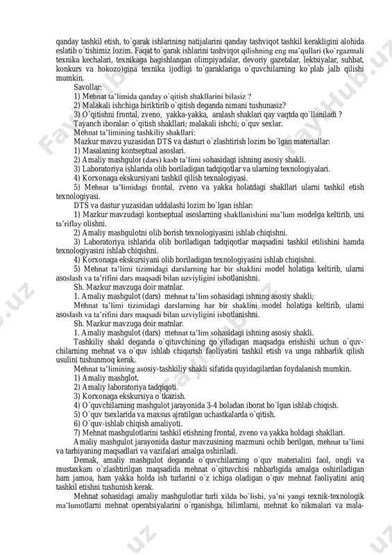 ini ta-yyorlashda qo`llash mumkin. o`quv ishlab chiqarish brigadalari bunday sharoitlarda mehnat ta’limi o`qituvchisi odatda o`quvchilarni aloxida o`quvchilar birgadalariga ajratadi, bu birgadalaridagi har biri muayyan o`quv-ishlab chiqarish topshirigini bajaradi. bu topshiriqlarning o`quv maqsadi va mazmuni bir-biridan ancha farq qilishi mumkin. masalan, bir birgada marten pechiga xizmat qilishiga o`rgansa, ikkinchisi gaz generatorlariga xizmat qilishni, uchunchisi esa nazorat-o`lchash asboblarini kuzatishi va xokazo o`rganishi mumkin. bunday xollarda o`qituvchi o`quv birgadalarini o`rganiladigan zonalar chegarasida almashtirib turish grafigini tuzishi kerak, toki har bir brigada, masalan, metallurgiya butun bir kompleksiga xizmat qilishdagi hamma ish usullarini bilib o`rganib oladigan bo`lsin. o`quvchilarni korxona sharoitida o`rgatishning yana bir shakli, ularni ishchilar bri- gadasiga qo`shib o`qitishdir. bu shaklni, masalan, slesar-remontchi, yiguvchi santexnik, mantajchilar, shuningdek, qurilish ixtisoslari kabi ixtisoslarda qo`llash maqsadga muvofiqdir. bu shakl asosida o`quvchilarga ishlab chiqarish ta’limi berish shundan iboratki, yuqorida aytilgan ixtisoslarga doir ishlab chiqarish birgadalariga umumsleserlikka yoki boshqa biron tayyorgarligi bo`lgan bir yoki bir necha o`quvchi biriktiriladi.bu holda …
