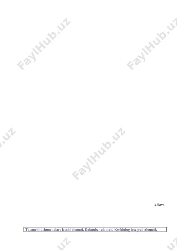 и. 3-мисол. қаторни яқинлашувчилигини кўрсатинг: ечиш. ; qatorning yaqinlashishi to‘g‘risida dalamber alomati asosida xulosa chiqarish mumkin emas. taqqoslash alomatiga ko‘ra, qatorning uzoqlashuvchanligini ko‘rish mumkin. саволлар 2.4-илова коши аломати теорема. агар мусбат ҳадли қатор учун ифода да чекли лимитга эга бўлса , яъни , у ҳолда 1) да қатор яқинлашади ; 2) да қатор узоқлашади. теорема даламбер аломати каби исботланади. 4-мисол. берилган қаторни яқинлашувчилигини текширинг: ечиш. демак , қатор яқинлашувчи. 5-мисол. қаторни яқинлашувчи-лигини текширинг. ечиш. . қатор узоқлашувчи. саволлар 2.5-илова кошининг интеграл аломати, умумлашган гармоник қатор теорема. агар [1;() оралиқда номанфий интегралланувчи функция монотон камаювчи ва қатор ҳадлари учун тенгликлар ўринли бўлса , у ҳолда қатор ва хосмас интеграллар бир вақтда яқинлашувчи ёки бир вақтда узоқлашувчи бўлади; яқинлашувчи бўлган ҳолда ( ( +a1 (4) муносабат ўринли бўлади. исботи. функциянинг монотон камаювчилигидан k(x(k+1 тенгсизликлардан f(k) ( f(x) ( f(k+1) келиб чиқади. бу қўш тенгсизликни k дан k+1 гача интеграллаб, ( ( , …