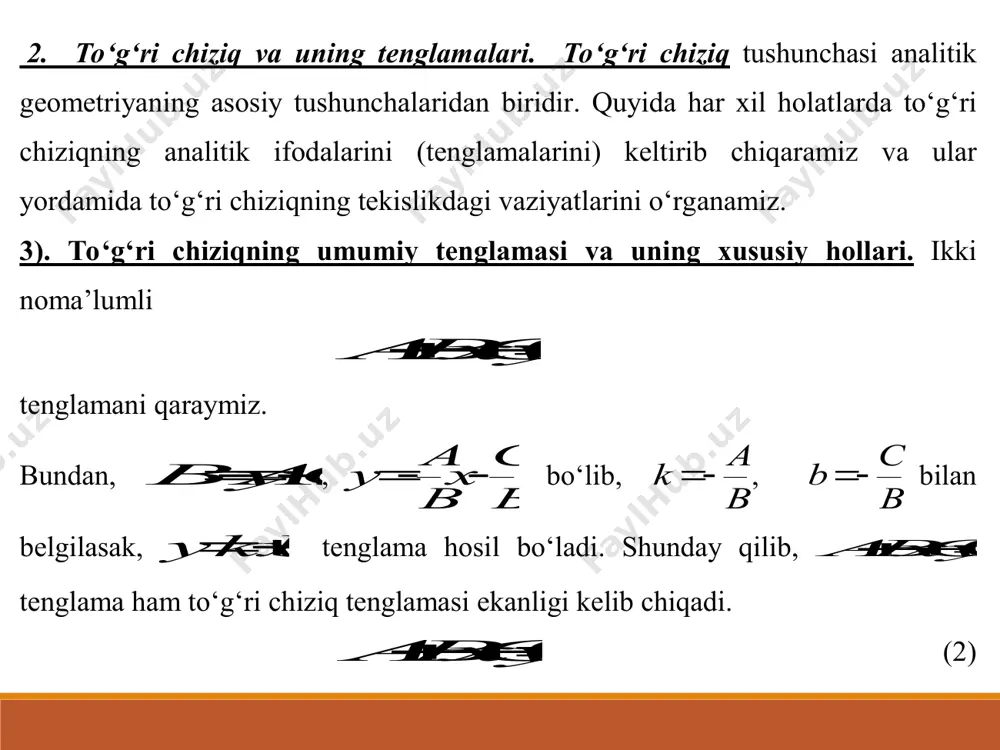 k koeffitsientli tenglamasi bo‘ladi. 5). to‘g‘ri chiziqning kesmalarga nisbatan tenglamasi. to‘g‘ri chiziq koordinat o‘qlaridan mos ravishda va kesmalar ajratib o‘tsin(7-chizma). to‘g‘ri chiziq va nuqtalardan o‘tadi. berilgan ikki nuqtadan o‘tuvchi to‘g‘ri chiziq tenglamasiga asosan image6.wmf image7.wmf image8.wmf image9.wmf image1.wmf image2.wmf image3.wmf image4.wmf image5.wmf 0 15 5 3 = - + y x 1 3 5 1 15 5 15 3 , 15 5 3 = + = + = + y x ёки y x y x a a x b y - - = - - 0 0 0 a a x b y - - = 1 + - = a x b y 1 = + b y a x 0 15 5 3 = - + y x , , yoki (4) tenglama hosil bo‘ladi. bu tenglamaga to‘g‘ri chiziqning kesmalarga nisbatan tenglamasi deyiladi. 4-misol. to‘g‘ri chiziqning kesmalarga nisbatan tenglamasini yozing va uni yasang. yechish. to‘g‘ri chiziqning umumiy …