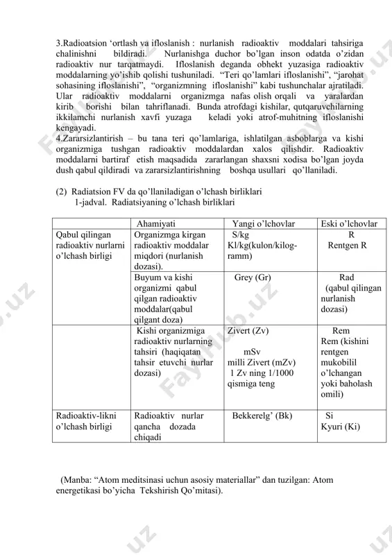 dagi avariyalar radiatsion moddalarning atrof-muxitga tarqalishi bilan xavflidir. radioaktiv moddalarning tarqalish chegarasiga va talofatlar natijasiga qarab aeslaidagi avariyalar bo’linadi: 1 lokal, radiatsion xodisalar binoda yoki aes da chegaralanadi; bunda ishchilarning nurlanishi, binoning normada belgilangandan yuqori darajada ifloslanishi kuzatilishi mumkin. 2 maxalliy, radiatsion xodisalar aes xududi bilan chegaralanadi. bunda ishchilarning nurlanishi, aesning bir nechta yoki barcha binolarining normada belgilangandan yuqori darajada ifloslanishi kuzatilishi mumkin. (3) umumiy: aes territoriyasidan tashqari radiatsion oqibatlar tarqalsa, aholiningg nurlanish va atrof – muhitning ifloslanishi kuzatilishi mukin. 3)organizmga radiatsion nurlanishning biologik tahsiri. (1) radiatsion xarakterga ega f.h da qo’llaniladigan atamalar. 1.radioaktiv nurlar - yuqori energiyaga ega bo’lgan atom ‘ortlashida yuqori tezlikli zarrachalar yoki elektromagnit to’lqinlarini chiqrib tashlanishi. alg’fa (α)-nurlar, beta (β )-nurlar, gamma (γ)-nurlar, iks (χ)-nurlar va neytron nurlar radioaktiv nurlarni tashkil qiladi. 2.radioaktivlik – moddalarnining radioaktiv nurlarini taratish xususiyatiga yoki kodirliliga ishora qiluvchi so’z. radioaktiv nurlarini taratuvchi moddalarga radionuklidlar deyiladi. 3.radioatsion ‘ortlash va ifloslanish : nurlanish …