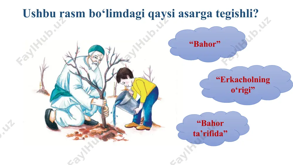 r alisher: «ekayotgan ko‘chatlarim hozirdanoq hosil bera boshladi», — deganida nimani nazarda tutadi? 3. «yaxshidan bog‘ qoladi» degan hikmatning ma’nosini izohlang. image1.png image2.png image3.png image4.jpeg image5.png image6.jpeg image7.png image8.png image9.jpeg image10.jpeg image11.jpeg image12.gif image13.png image14.png /docprops/thumbnail.jpeg