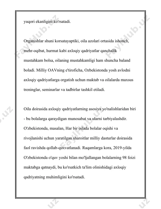 klar taomlanadi va xalq o'yinlari o'ynaladi. navro'z bayrami ham oilaviy qadriyatlarni kuchaytirishga xizmat qiladi. 2020 yilda, o'zbekiston aholini ro'yxatga olish va statistika qo'mitasi tomonidan e'lon qilingan ma'lumotlar asosida, o'zbekistonda qarindoshlar o'rtasidagi nikohlar ko'rsatkichi past bo'lib, taxminan 4-5% ni tashkil qiladi. bu esa oila salomatligi va genetik kasalliklarning oldini olishda muhim omil hisoblanadi. oila va an'ana mavzusida yoshlarning o'rni juda katta. bugungi kunda, mamlakatdagi yoshlarga oilaviy an'analarni saqlab qolish va o'zlashtirishda ko'plab vazifalar yuklanadi. maktab va oliy ta'lim muassasalari orqali yoshlar orasida oila qadriyatlarini targ'ib qilish, ularni to'g'ri yo'naltirish ishlari olib borilmoqda. katta yoshdagi avlodlar va bola o'z-o'zidan tabiiy ravishda an'analarni davom ettirishga intiladi. 2018 yilda o'zbekiston respublikasi prezidentining farmoni bilan "oila kodeksi" va "oila institutini mustahkamlash to'g'risida" qonuni qabul qilingan, bu esa oila institutini kuchaytirishga qaratilgan siyosatning bir qismi sifatida xizmat qiladi. xulosa qilib aytganda, o'zbekistonda oilaviy qadriyatlar juda muhim ahamiyat kasb etadi va ko'plab madaniy va ijtimoiy muhim an'analarga …