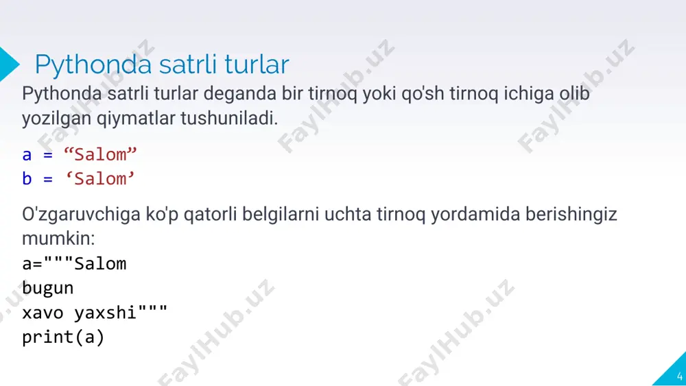 m' familiya = 'azizov' ism_sharif = f"{ism} {familiya}" print(ism_sharif.upper()) adxam azizov lower() metodi esa aksincha, har bir harfni kichik harfga o'zgartiradi. ism = 'adxam' familiya = 'azizov' ism_sharif = f"{ism} {familiya}" print(ism_sharif.lower()) adxam azizov pythonda satrli turlar 20 title() va capitalize() metodlari title() metodi matndagi har bir so'zning birinchi harfini katta harf bilan yozadi. ism_sharif = 'james bond' print(ism_sharif.title()) james bond capitalize() esa faqatgina eng birinchi so'zning birinchi harfini katta bilan yozadi. ism_sharif = 'james bond' print(ism_sharif.capitalize()) james bond metodlarni faqat o'zgaruvchilarga emas, balki to'g'ridan-to'g'ri matnga ham qo'llash mumkin (aslida o'zgaruvchi ham matnning (yoki boshqa ma'lumotning) manzili xolos) print('james bond'.upper()) james bond pythonda satrli turlar 21 strip(), rstrip() va lstrip() metodlari bu metodlar matnning boshi va oxiridagi bo'sh joylarni olib tashlaydi. lstrip() — matn boshidagi bo'shliqni, rstrip() – matn oxiridagi bo'shliqni, strip() — matn boshi va oxiridagi bo'shliqlarni olib tashlaydi meva = " olma " print("men " + meva.lstrip() + …