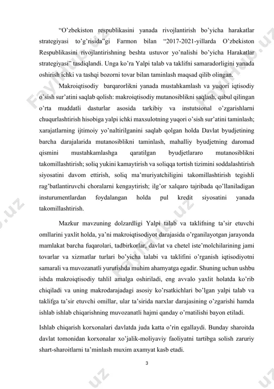 arishi o’rtasida bog’liqlikni tadqiq qilish, nima uchun milliy ishlab chiqarish hajmi ayrim davrlarda barqaror o’sishi, ba’zi davrlarda esa pasayib ketishni izoxlab berish uchun yalpi talab - yalpi taklif (adas aggregate demand – aggregate supply) modelidan foydalanamiz. bu modelda yalpi talab va taklif, narxlarning umumiy darajasi kabi agregat ko’rsatkichlaridan foydalaniladi. makroiqtisodiyotda ad-as modeli ishlab chiqarish hajmlari va narxlar darajalarining tebranishlarini hamda ular o’zgarishining oqibatlarini o’rganish uchun asosiy model bo’lib hisoblanadi va boshqa bir qancha modellar ad-as modelining xususiy holi hisoblanadi. ad-as modeli yordamida davlat iqtisodiy siyosatining turli variantlari tasvirlab berilishi mumkin. keynsning makroiqtisodiy muvozanat modeli yalpi talab- yalpi taklif modelini qisqa muddatli makroiqtisodiy siyosat maqsadlarida aniqlashtirgan bo’lib, uning xususiy holi hisoblanadi. yalpi talab va yalpi taklif modelidan farqli o’laroq bu modelda narxlar darajasi va ish haqi o’zgarmas miqdorlar hisoblanadi. ayni shu sababga ko’ra tovar moddiy zahiralarining o’sishi qisqa muddatda makroiqtisodiy muvozanatga erishishni belgilovchi omil bo’ladi. ishlab chiqarishning kamayishi natijasida mumkin bo’lgan …