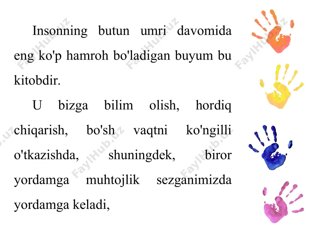 adir. bizgacha yetib kelgan eng qadimiy kitoblardan biri - zardushtiylik dinining muqaddas kitobi «avesto» miloddan avvalgi i mingyillikning birinchi yarmida yaratilgan bo'lib, u 12 ming mol terisiga bitilgan 21 kitobdan iboratdir. uning 5 kitobi saqlanib qolgan. o'zbek xalqining dunyoga mashhur san'at turlaridan biri kitobat san'ati ekanligi uning boy tarixidan dalolat beradi. endilikda kamoliddin behzod, mahmud muzahhib, iskandar ikromov, chingiz ahmarovlar tomonidan badiiy sayqal berilgan kitoblar nodir san'at asari darajasida millionlab insonlarning ma'naviyatini boyitishga xizmat qilmoqda. o'zbekiston kitobat san'ati namunalari endilikda eng zamonaviy texnika va texnologiya bilan jihozlangan bosmaxonalarda nashr etilmoqda. o'zbekistonning zamonaviy kitobat san'ati misolida «temur davrining me'moriy kahkashoni», «ma'danga bitilgan qo'shiq», «0'zbekiston naqshu nigorlari», «o`zbekiston xalq san'ati», «musawir va kitob», «sharq adabiyoti va san'ati», "boburnoma", "zamonaviy o'zbekiston minatyura san'ati", "o'rta asrlar sharqining olim va mutafakkirlari" nomli kitoblar, shuningdek, samarqand, buxoro, xiva shaharlari haqidagi albomlar o'zining yuksak badiiy darajasi, sifati bo'yicha klassik namunalar sirasiga kiradi. o'tilgan mavzuni mustahkamlash uchun savollar: …