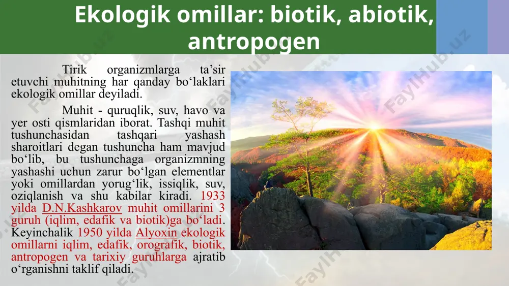 bo‘lgan organizmlar yer yuzida keng tarqalgan. 3. tur uchun sharoit birorta ekologik omilga nisbatan optimal darajada bo‘lmasa, shu turning boshqa xil ekologik omillarga nisbatan tolerantlik diapazoni tor bo‘ladi. masalan, g‘allasimon ekinlar uchun azot yetishmasa ularning qurg‘oqchilikka chidamlilik xususiyati pasayadi. 4. organizmlarning ko‘payish davri nozik bo‘lib, bu davrda ko‘pchilik ekologik omillar organizm uchun cheklovchi omil ham bo‘lishi mumkin. masalan, voyaga etgan sarv daraxti suvda ham, quruqlikda ham yashashi mumkin, biroq u namlik etarli bo‘lgan, suv ko‘llamagan joylardagina ko‘payish imkoniyatiga ega. ekologik nisha (burchak) tushunchasi turning tabiatda yashashi uchun kerak bo‘lgan barcha tashqi muhit omillari yig‘indisi ekologik nisha (burchak) deyiladi. ko‘pincha bu atama ikkita yaqin turlarning o‘zaro munosabatini kuzatishda qo‘llaniladi. ekologik nisha atamasini 1917 yilda dj.grinnel turlarning kenglikda tarqalish tavsifi uchun qo‘llagan edi. ekologik nisha yashash joyi atamasiga yaqin tushunchadir. keyinchalik 1927 yilda ch.elton ekologik nisha turning jamoadagi holati deb aniqladi va bu holatda eng muhimi ularning ya’ni turlarning bir - birlari …