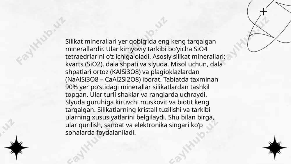 ladi va yer qobig'ining asosiy qismini tashkil etadi. sio4 tetraedrlaridan tashkil topgan bo'lib, turli usullar bilan birikadi. silikatlar sakkiz asosiy toifaga bo'linadi: neosilikatlar, sorosilikatlar, inosilikatlar, siklosilikatlar, filosilikatlar va tektosilikatlar. ularning tarkibida kislorod va kremniy atomlari mavjud. yerdagi minerallar orasida kvarts, slyuda, olivin va amfibol kabi silikatlar keng tarqalgan. silikatlar o'zining mexanik va kimyoviy xususiyatlari bilan muhim ahamiyatga ega va sanoatda keng qo'llaniladi. ular qurilish, keramika, shisha ishlab chiqarish kabi sohalarda ishlatiladi. silikatlar tabiatda eng ko'p uchraydigan minerallar turkumidir. ... t.me/slaydai_bot 13. yer po'stinining jinsiy tarkibi o‘zbekistonning 13-yoshli aholisining jinsiy tarkibi haqida aniq ma'lumotlarga ega bo'lish uchun so‘nggi milliy aholi ro‘yxati yoki rasmiy statistik manbalar keltirilgan bo‘lishi kerak. odatda, demografik ma'lumotlar davlat statistika qo‘mitasi yoki aholini ro‘yxatga olish organlari tomonidan taqdim etiladi. o‘zbekistonda jinsiy tarkib odatda deyarli teng taqsimlangan bo‘lib, erkak va ayol bolalar soni taxminan teng. lekin, muayyan raqamlar va foizlar o‘zgargan bo‘lishi mumkin. iltimos, eng so‘nggi va to‘liq ma'lumot …