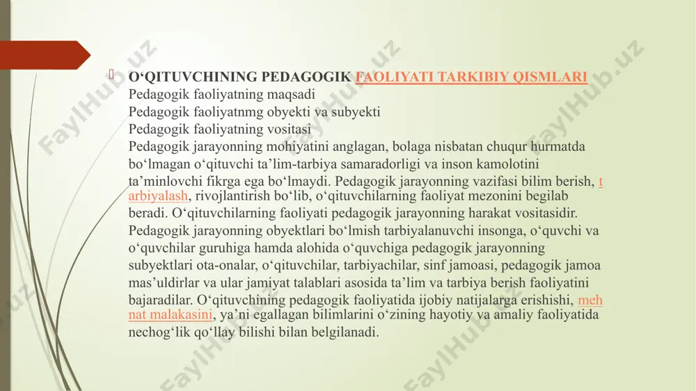 a vazifalarni yechish uchun o‘quv-tarbiya jarayonini boshqarish, unga rahbarlik qilishda pedagogik-psixologik ta’limot nuqtayi-nazaridan yondashish ta’lim-tarbiyani milliy an’analarimiz ruhida zamonaviy metodlar asosida modellashtirish, o‘quv- tarbiyaviy jarayonda ilg‘or pedagogik texnologiyalarni tatbiq etish uchun o‘qituvchi mahoratining zarurligi haqidagi ma’lumotlar va ularni takomillashtirish tizimlari o‘rin olgan. shunga ko‘ra, «pedagogik mahorat» fani kasbga oid bilim va qobiliyatlarni o‘qituvchilarda shakllantirish, ijodkorlikni tarbiyalash, mahorat ko‘nikma va malakalarni egallashlari uchun, pedagogik texnika, pedagogik hamkorlik, pedagogik nazokat, nutq madaniyati to‘g‘risida ma’lumotlar berib boradi. bu maqsad bo‘lajak o‘qituvchilarning quyidagi vazifalarni muntazam bajarib borishlari orqali amalga oshiriladi: bo‘lajak o‘qituvchilar pedagogik mahoratning nazariy va metodologik asoslari bilan qurollantiriladilar. pedagogik mahorat fanining pedagogik texnika, pedagogik hamkorlik (muloqot), pedagogik nazokat, pedagogik qobiliyat, tarbiyachilik mahorati, ta’lim jarayonini boshqarish, nutq madaniyati, tarbiya texnologiyasi, pedagogik ijodkorlik, refleksiya kabi tarkibiy qismlari to‘g‘risidagi bilimlar tizimini egallaydilar. bo‘lajak o‘qituvchilar milliy urf-odat va an’analarimizda va o‘rta osiyo mutafakkirlarining boy ijodiy meroslarida aks etgan pedagogik mahorat sirlarini mustaqil egallashga nisbatan o‘zlarida ehtiyoj …