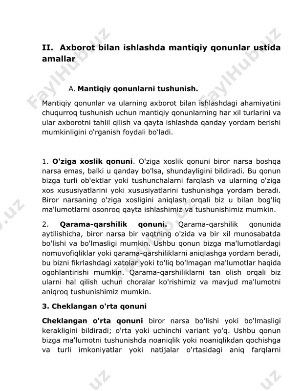 gan boshqa gapni ko‘rsak, ziddiyat qonunidan foydalanib, qarama-qarshilikni aniqlashimiz mumkin. bu bayonotlarning kamida bittasi noto'g'ri. 2. argumentlar yoki da'volarning to'g'riligini aniqlash uchun mantiqiy qonunlardan foydalanish: mantiqiy qonunlar dalillar yoki da'volarning haqiqiyligini baholash uchun ham ishlatilishi mumkin. misol uchun, agar kimdir "barcha siyosatchilar buzuq" deb dalil qilsa, biz bu dalilning haqiqiy yoki yo'qligini aniqlash uchun istisno qilingan o'rta qonunidan foydalanishimiz mumkin. biz o'zimizdan so'rashimiz mumkin: korruptsiyaga moyil bo'lmagan siyosatchilar bormi va agar biz hatto bittasini ham aniqlay olsak, bu dalil haqiqiy emas. 3. berilgan ma'lumotlardan to'g'ri xulosalar yoki xulosalar chiqarish uchun mantiqiy qonunlardan foydalanish: nihoyat, mantiqiy qonunlar bizga berilgan ma'lumotlardan to'g'ri xulosalar yoki xulosalar chiqarishga yordam beradi. misol uchun, agar bizga "barcha itlar sutemizuvchilardir" va "bursig - it" degan binolar berilsa, biz "bursig - sutemizuvchi" degan xulosaga kelish uchun o'ziga xoslik qonunidan foydalanishimiz mumkin. mantiqiy qonunlarni ma'lumotlarga shu tarzda qo'llash orqali biz mantiqiy xatolardan qochishimiz va mavjud ma'lumotni aniqroq tushunishga erishishimiz …