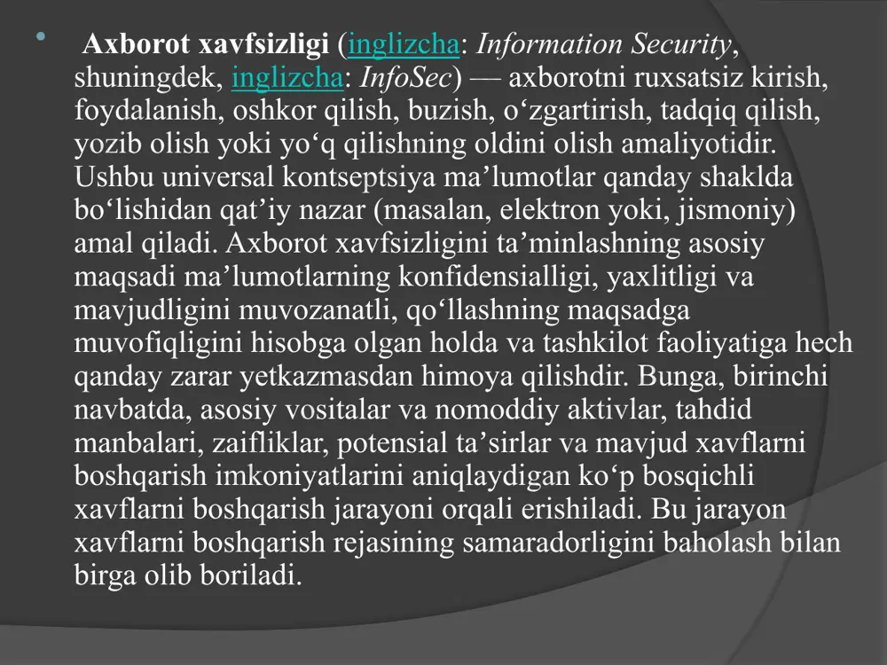 bingizda qimmatli narsa yo'q deb o'ylasangiz ham. ammo bu sizning fikringizcha, bu sizga zarar etkazish uchun hatto eng ahamiyatsiz ma'lumotlardan ham foydalana oladigan xakerlarning fikri bilan mos kelmasligi mumkin. keepass menejeri deyarli har jihatdan mukammaldir. siz ro'yxatdan o'tgan barcha xizmatlarning foydalanuvchi nomlari va parollarining ma'lumotlar bazasiga kirish uchun kiritilishi kerak bo'lgan 25-30 belgidan iborat eng murakkab asosiy parolni o'ylab topishingiz kerak. bu menejerning ko'chma versiyasi bor, aytmoqchi, men o'zimni ishlataman. siz bazani xavfsiz saqlashingiz mumkin, yoki undan ham yaxshiroq flesh -disk shaklida olinadigan muhitda. bu xavfsizlikni yanada oshiradi. keepass-da jarayonni engillashtirishi va tezlashtirishi uchun zarur bo'lgan barcha vositalar mavjud, shu jumladan super-murakkab parollarni to'liq avtomatik tarzda yaratadigan ajoyib vosita, bu nafaqat ko'p vaqtni tejaydi, balki ishonchliligini ham ta'minlaydi. har xil ijtimoiy tarmoqlarda yoki boshqa internet -resurslarda faollikni saqlaymiz. har qanday saytdagi shaxsiy hisob xakerlik hujumidan imkon qadar himoyalangan bo'lishi kerak. e’tiboringiz uchun rahmat. image1.jpeg image2.jpeg image3.jpeg image4.jpeg image5.jpeg image6.jpeg image7.jpeg …