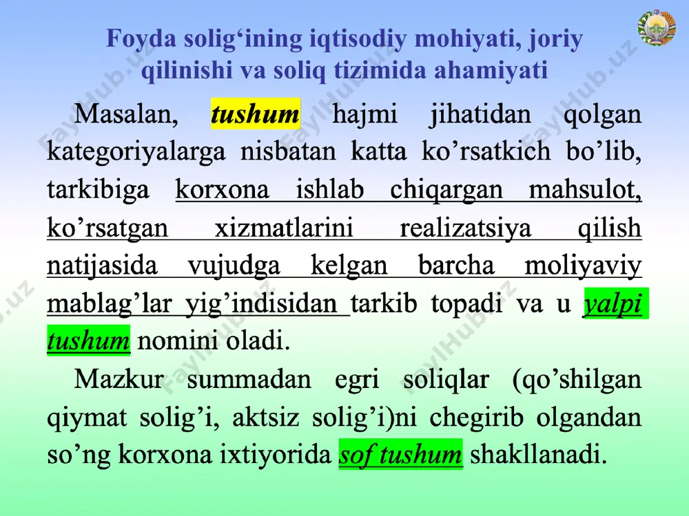 n boshlab esa 9 foiz qilib belgilangan. 2010–2013-yillarda mazkur miqdor saqlab qolindi. 2014-yil 1-yanvardan boshlab yuridik shaxslardan olinadigan foyda solig‘i stavkasi 8 foiz etib belgilandi. 2015-yil 1-yanvardan boshlab mazkur stavka 7,5 foiz miqdorida tasdiqlandi. 2018-yil 1-yanvardan boshlab esa mazkur stavka 14 foiz miqdorida belgilandi. 2019 yilda esa ushbu miqdor 12 foizni tashkil etgan. * foyda solig‘i stavkasining o’zgarish dinamikasi (foizda) foyda solig‘i stavkalari (sk. 337-modda.) soliq kodeksining 337-moddasiga muvofiq foyda solig‘i stavkalari 2022-yil uchun quyidagi miqdorlarda belgilangan: т/р soliq to’lovchilar soliq stavkalari, foizlarda 1 banklar 20 2 quyidagi soliq to’lovchilar: - polietilen granulalar ishlab chiqarishni amalga oshiruvchi; - faoliyatining asosiy turi mobil aloqa xizmatlarini ko’rsatishdan iborat bo’lgan 20 3 o’zi ishlab chiqargan o’z qishloq xo’jaligi mahsulotini realizatsiya qilishdan olingan foyda bo’yicha soliq kodeksi 57-moddasida nazarda tutilgan mezonlarga javob beruvchi qishloq xo’jaligi tovar ishlab chiqaruvchilari va baliq xo’jaligi korxonalari 0 4 ijtimoiy sohada faoliyatni amalga oshiruvchi soliq to’lovchilar 0 5 qo’shimcha …