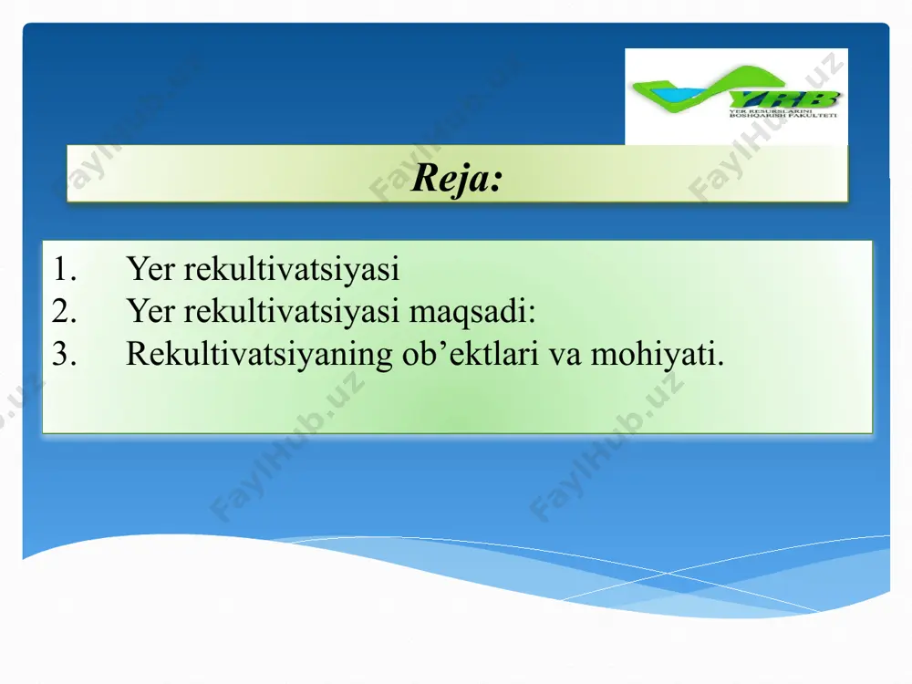 arlar, shahar tipidagi posyolkalar, qishloq aholi punktlari). sanoat, transport, aloqa, mudofaa va boshqa maqsadlarga muljallangan yerlar. tabiatni muhofaza qilish, soglomlashtirish, rekreaktsion va tarix-madaniyat maqsadida muljallangan yerlar. urmon fondi yerlari. suv fondi yerlari. zaxira yerlar. insoniyatning xom-ashyoga bulgan talabi kun sayin ortib borishi uni yer ka’ridan kazib olish suratining ortib borishiga olib kelmoqda. bunday maydonlar kulami bir necha yuz ming gektarni tashkil etmoqda. markaziy osiyo davlatlari hududida bunday maydonlar 50000 ga dan ortiqdir. oxirgi ikki, uch avlod uz hayoti davomida yer yuzasiga shunday ta’sir kursatdiki, hattoki un ming yillab bundayin aks ta’sir bulmagan. bu holatni faqat tabiiy ofatlar bilangina solishtirish mumkin. rekultivatsiyaning ob’ektlari va mohiyati. ishlab chiqarishning yerga tug’ridan-tug’ri va bevosita ta’siri yer resurslarini himoya qilish muammosini insoniyat oldiga kundalang qilib quymoqda. yerlarni himoya qilish deganda yerdan foydali qazilmalarni qazib olishni, yer yuzida yo’l va boshqa tarmoqlarni qurishni, gidrologik qidiruv ishlarini tuxtatish degani emas. bu sanab utilgan ishlar insoniyatning ravnaqi uchun …
