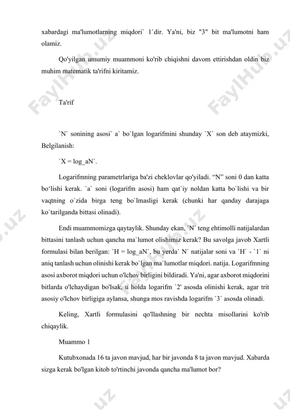 hlaymiz. yiqilishdan keyin (boshlar yoki dumlar) va zarga tushgan raqamdan so'ng, xabar tanganing yuqori tomoni haqida qancha ma'lumotga ega ekanligini bilib olishingiz kerak. zarlar turli yo'llar bilan `8` tushishi mumkin, shuning uchun xartli formulasidan foydalanib, biz zarga tushgan sonni aniqlab, `3` bit ma'lumot olishimizni hisoblashimiz mumkin. shunga ko'ra, tanga faqat 2 yo'l bilan tushishi mumkin va 1 bit ma'lumotni olib yuradi. axborotning qo'shilish qonuniga ko'ra, biz olingan natijalarni qo'shib, bizni qiziqtirgan xabarda `4` bit ma'lumot borligini aniqlashimiz mumkin. keling, ushbu muammoni hal qilishning yana bir usulini ko'rib chiqaylik. agar `2` jismning yiqilishining barcha mumkin bo'lgan natijalarini darhol ko'rib chiqsak, u holda` 16` bo'ladi (qolip `8` ko'rinishda chiqadi, tanga esa tepaga, zarb esa` 8` usulda chiqadi , va tanga - yuqoriga). xartli formulasiga ko'ra, bizni qiziqtirgan xabar "4" bit ma'lumotni o'z ichiga oladi. izoh agar xartli formulasidan foydalangan holda hisob-kitoblar natijasida butun son bo'lmagan son olingan bo'lsa va muammo bitlarning butun …